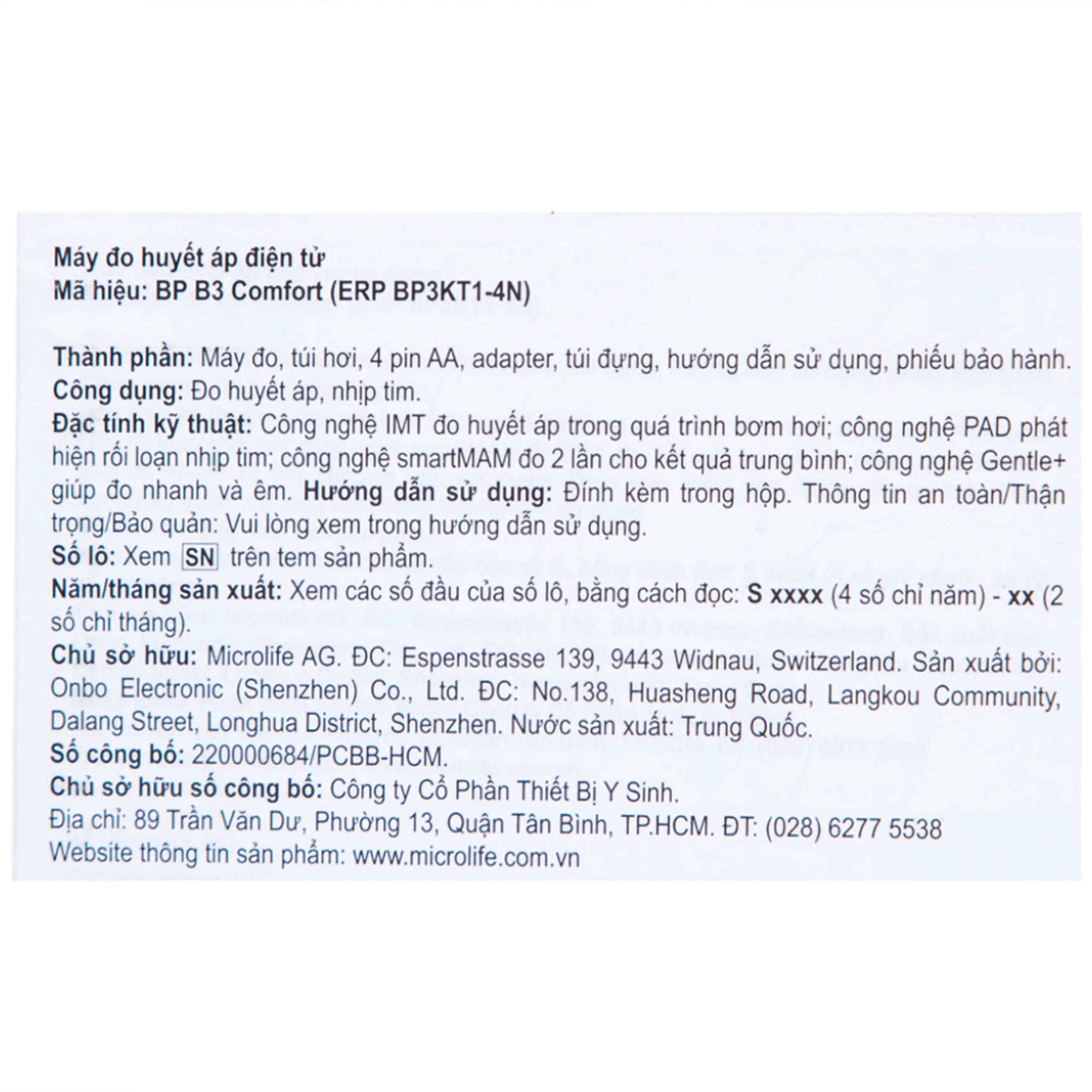 Máy đo huyết áp bắp tay Microlife B3 Comfort hỗ trợ đo huyết áp, nhịp tim