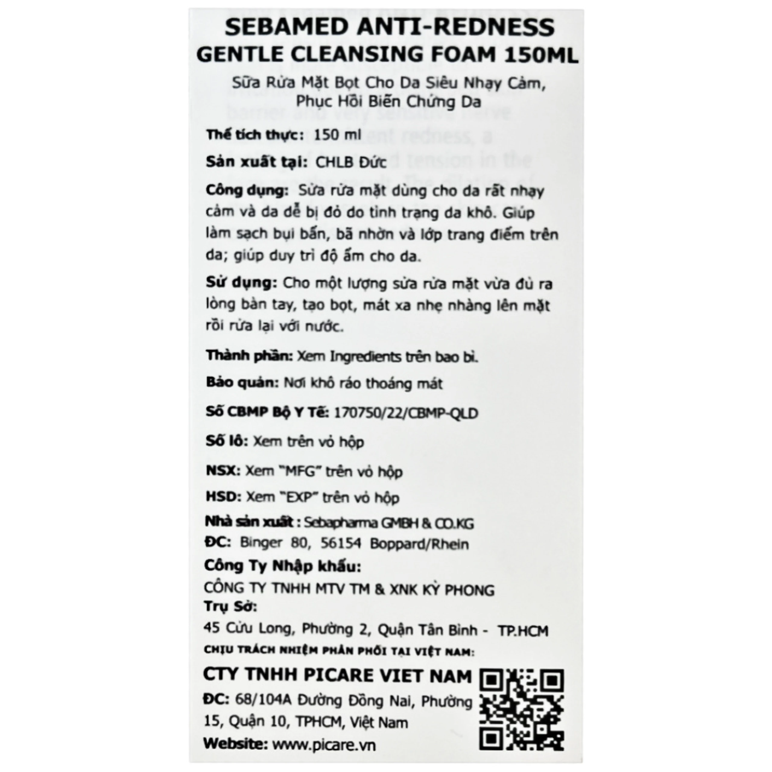 Sữa rửa mặt bọt Anti-Redness Gentle Cleansing Foam Sebamed cho da siêu nhạy cảm, phục hồi biến chứng da (150ml)