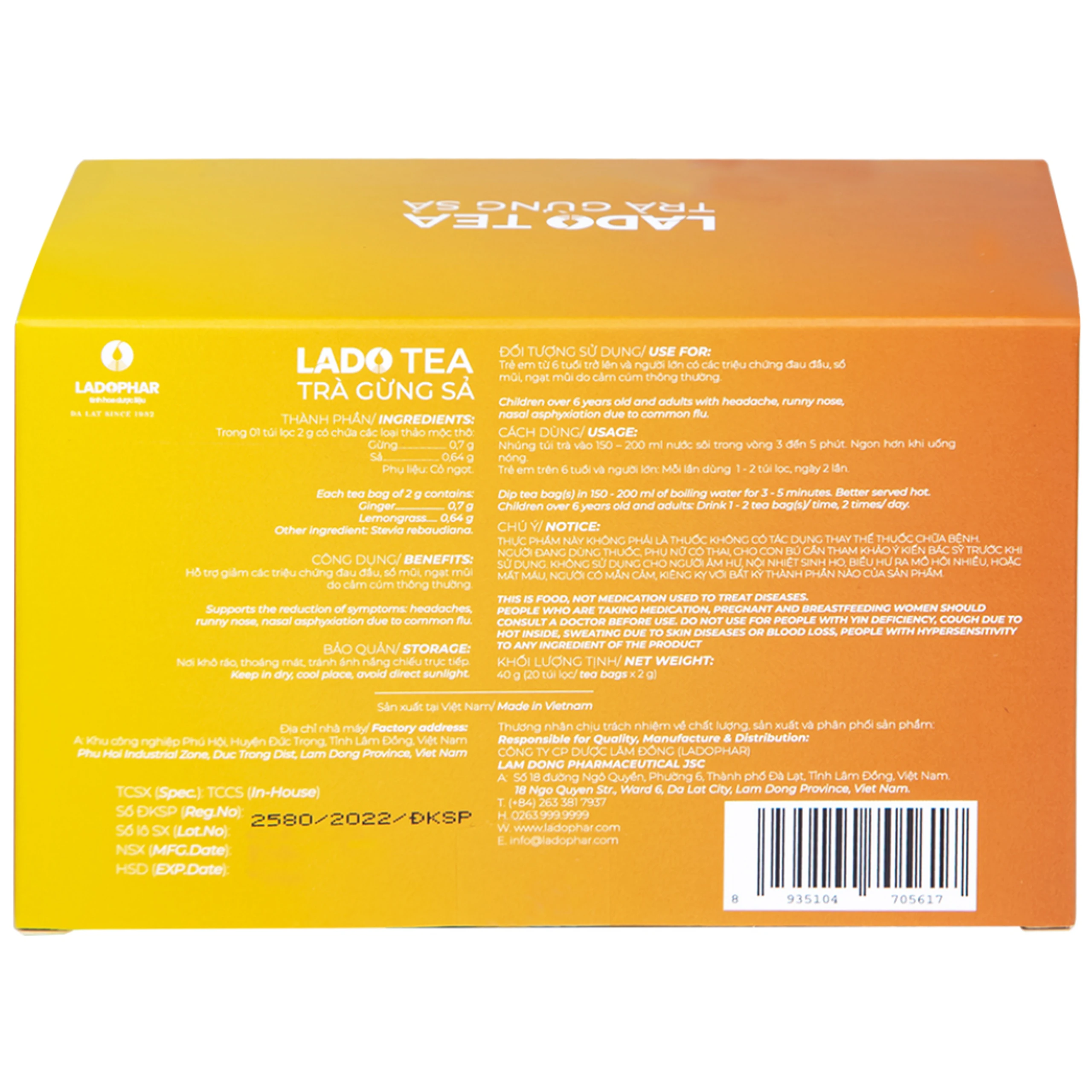 Trà Gừng Sả Premium Ladophar (20 túi lọc x 2g)