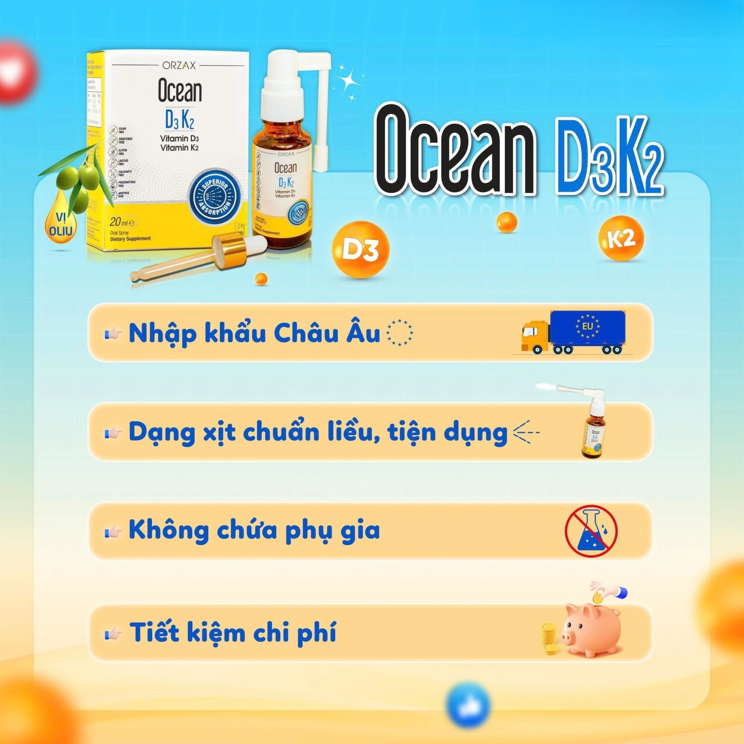 Siro giúp tăng cường hấp thu canxi Ocean D3K2 Orzax (20ml) 5