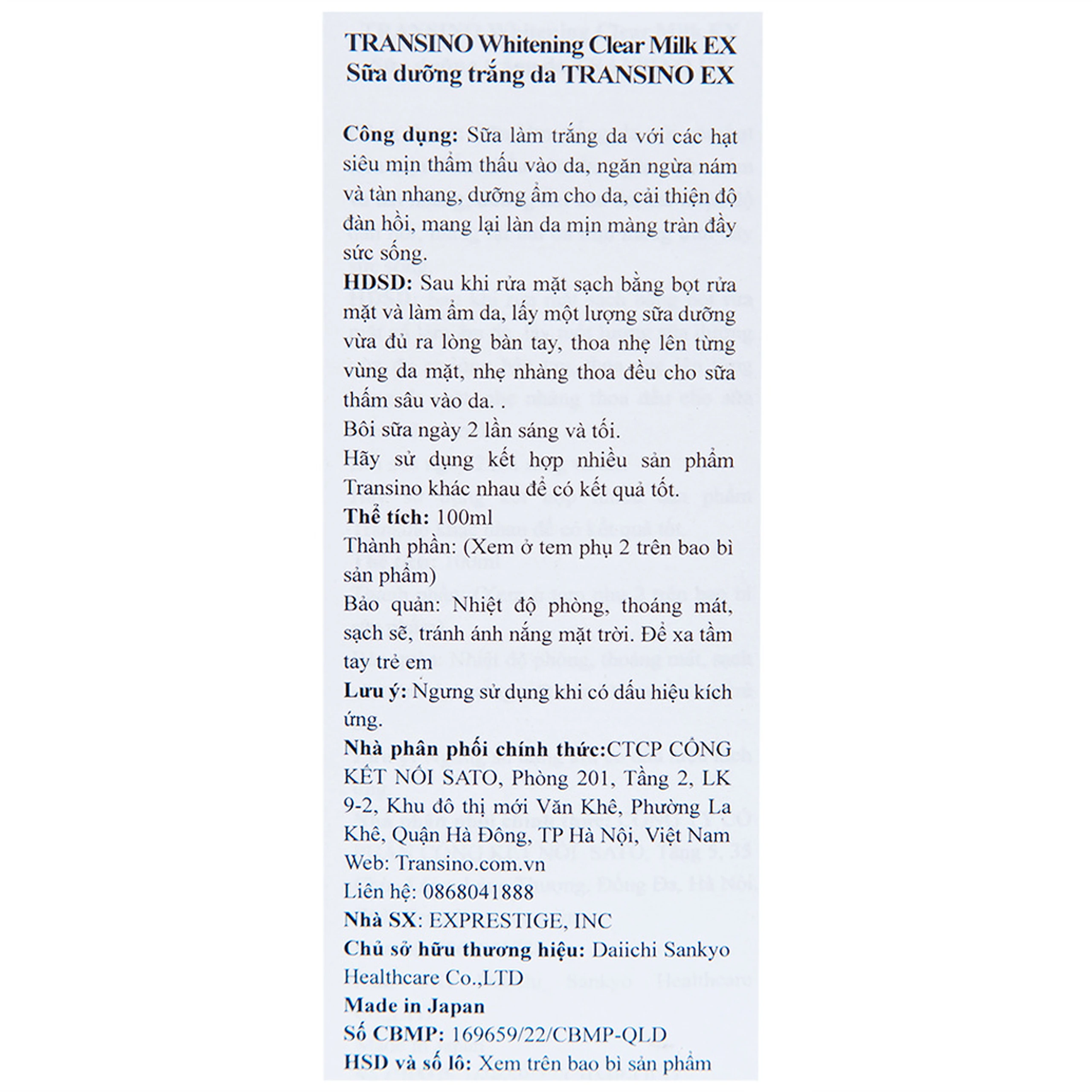 Sữa dưỡng trắng, ngừa nám da Transino Whitening Clear Milk EX 100ml