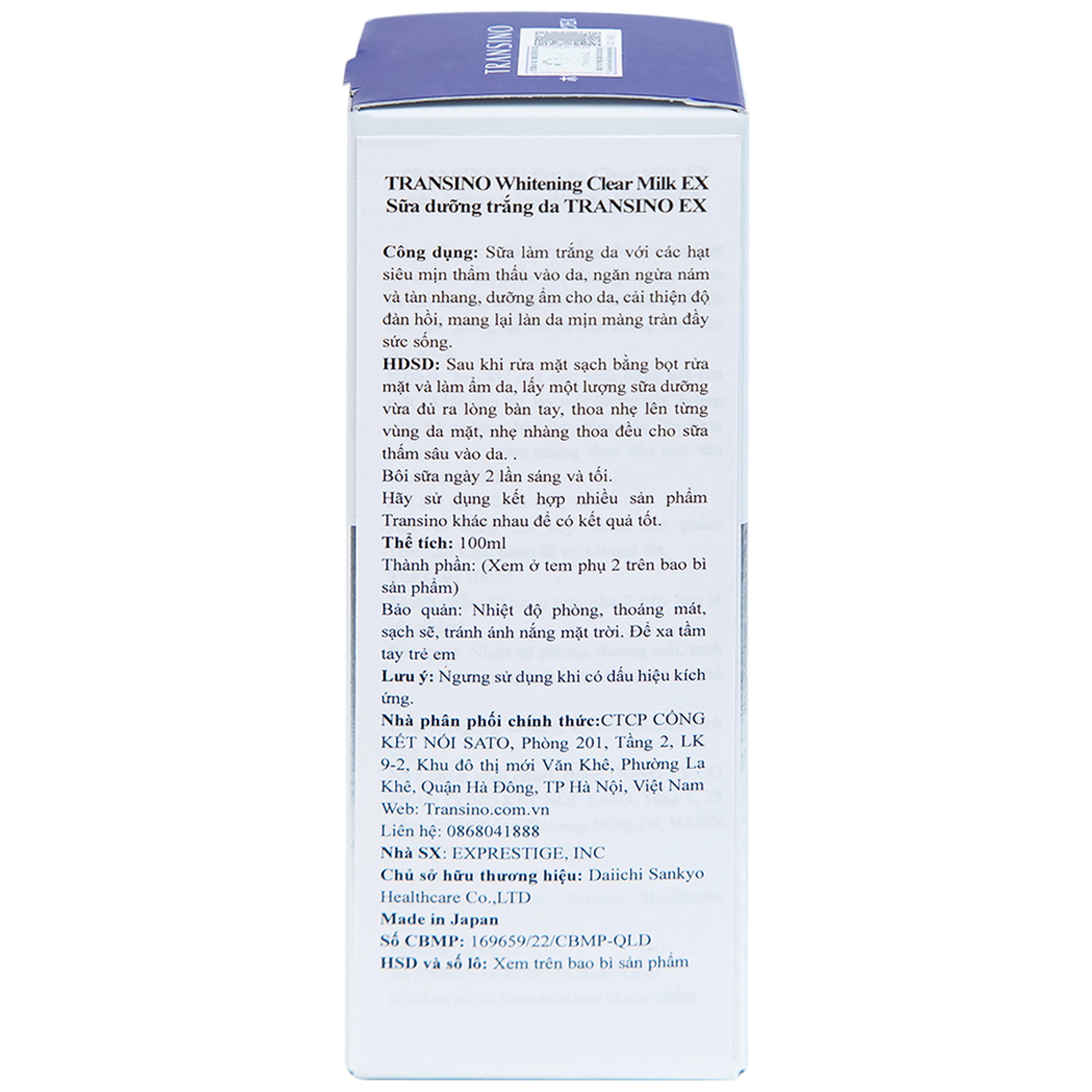 Sữa dưỡng trắng, ngừa nám da Transino Whitening Clear Milk EX 100ml