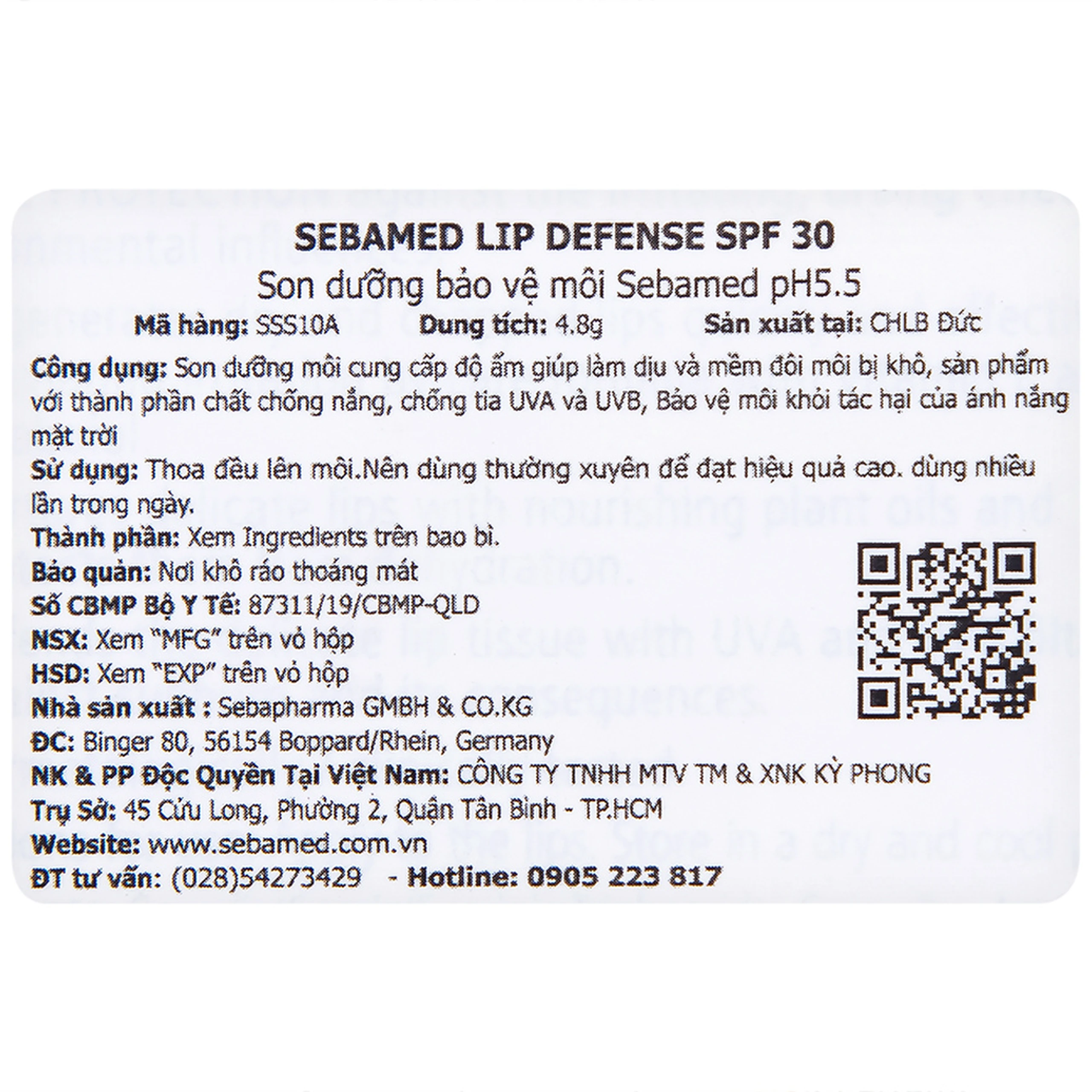 Son dưỡng môi Sebamed Lip Defense dưỡng ẩm, ngăn ngừa khô, nứt môi (4.8g)