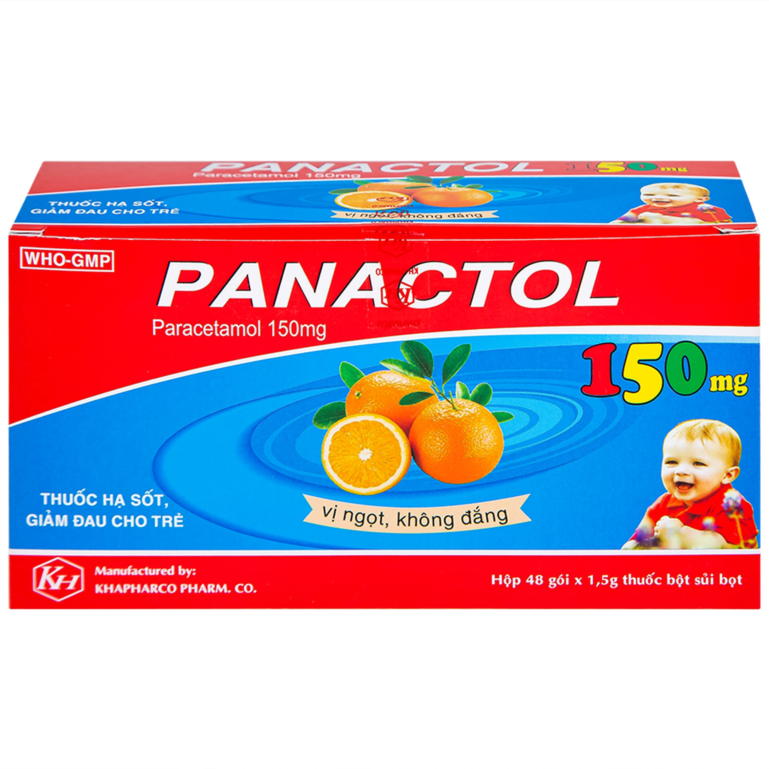 Bột sủi Panactol 150mg Khapharco vị ngọt, không đắng, hạ sốt, giảm đau cho trẻ (48 gói x 1.5g)