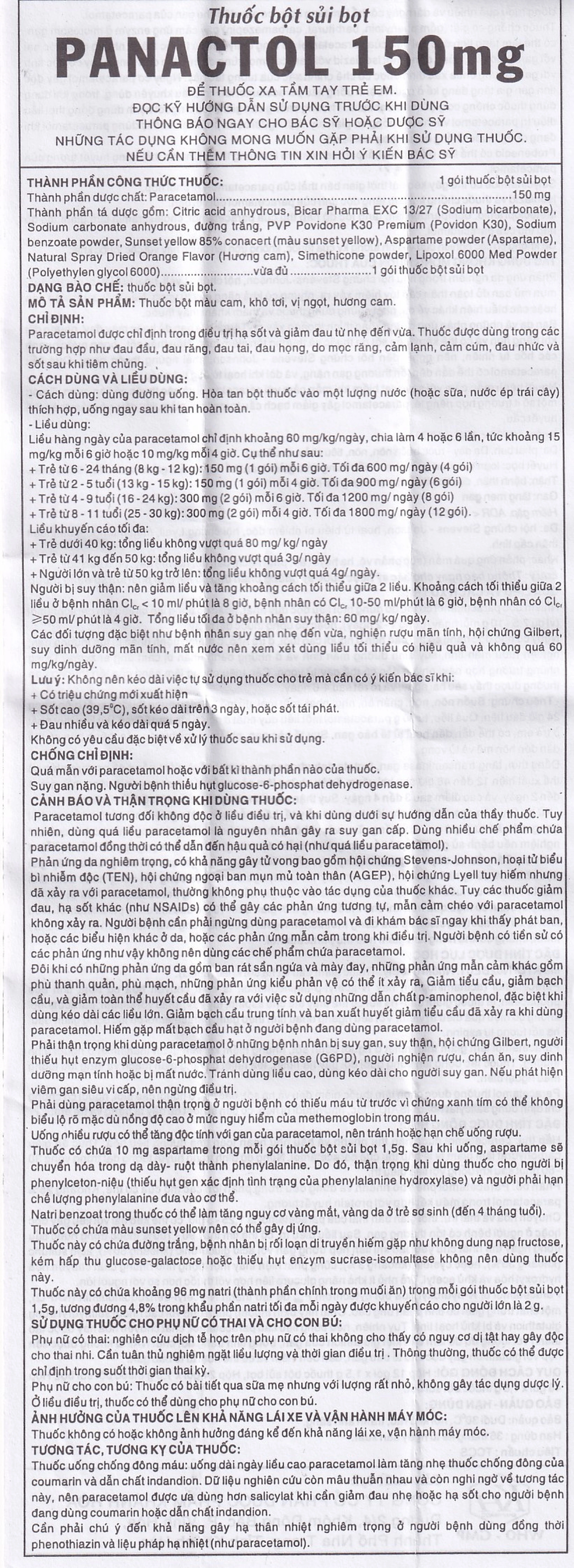 Bột sủi Panactol 150mg Khapharco vị ngọt, không đắng, hạ sốt, giảm đau cho trẻ (48 gói x 1.5g)