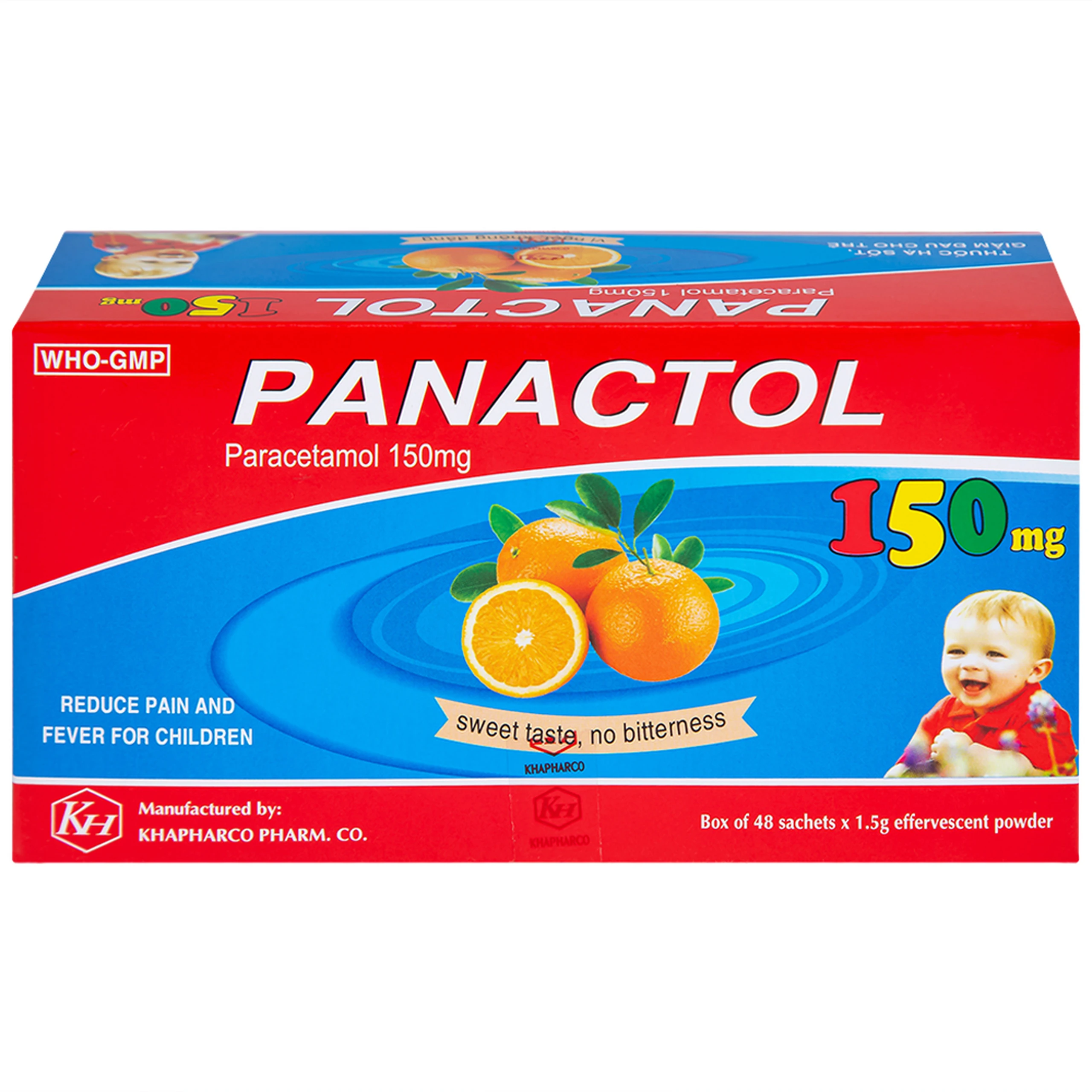 Bột sủi Panactol 150mg Khapharco vị ngọt, không đắng, hạ sốt, giảm đau cho trẻ (48 gói x 1.5g)