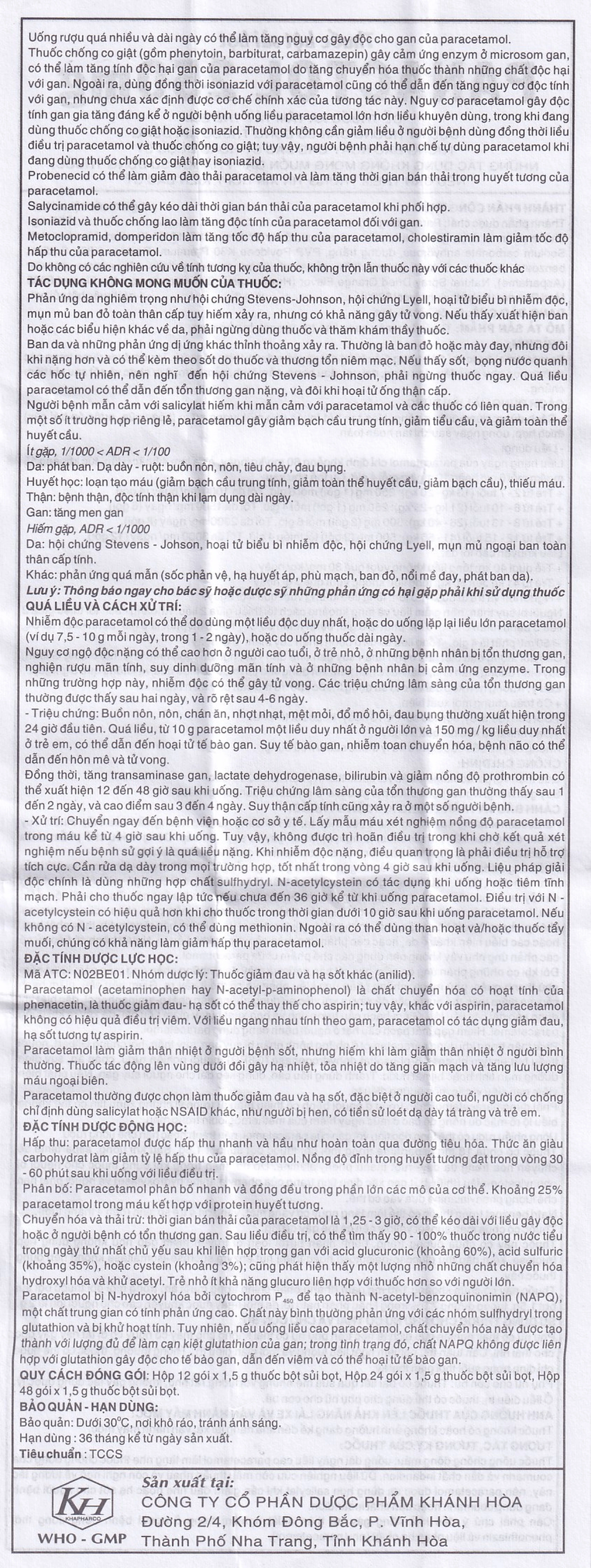 Bột sủi Panactol 250mg Khapharco vị ngọt, không đắng, hạ sốt, giảm đau cho trẻ (48 gói x 1.5g)