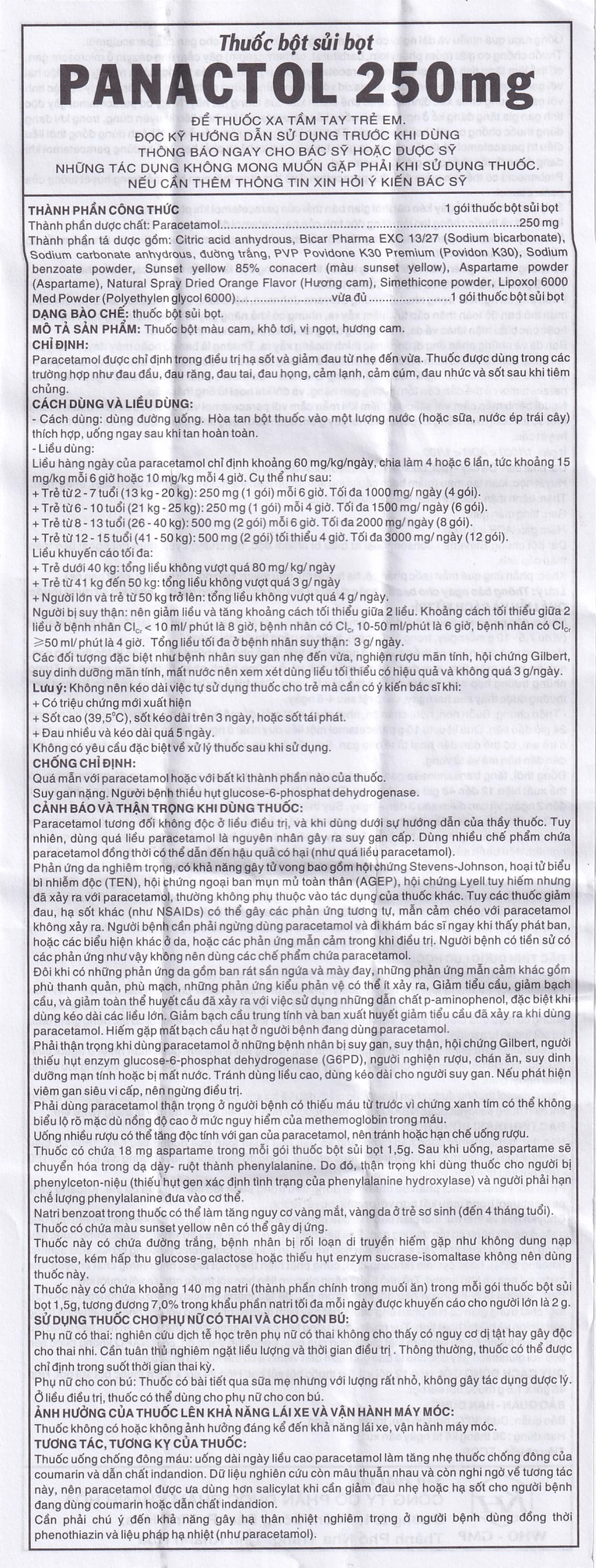 Bột sủi Panactol 250mg Khapharco vị ngọt, không đắng, hạ sốt, giảm đau cho trẻ (48 gói x 1.5g)