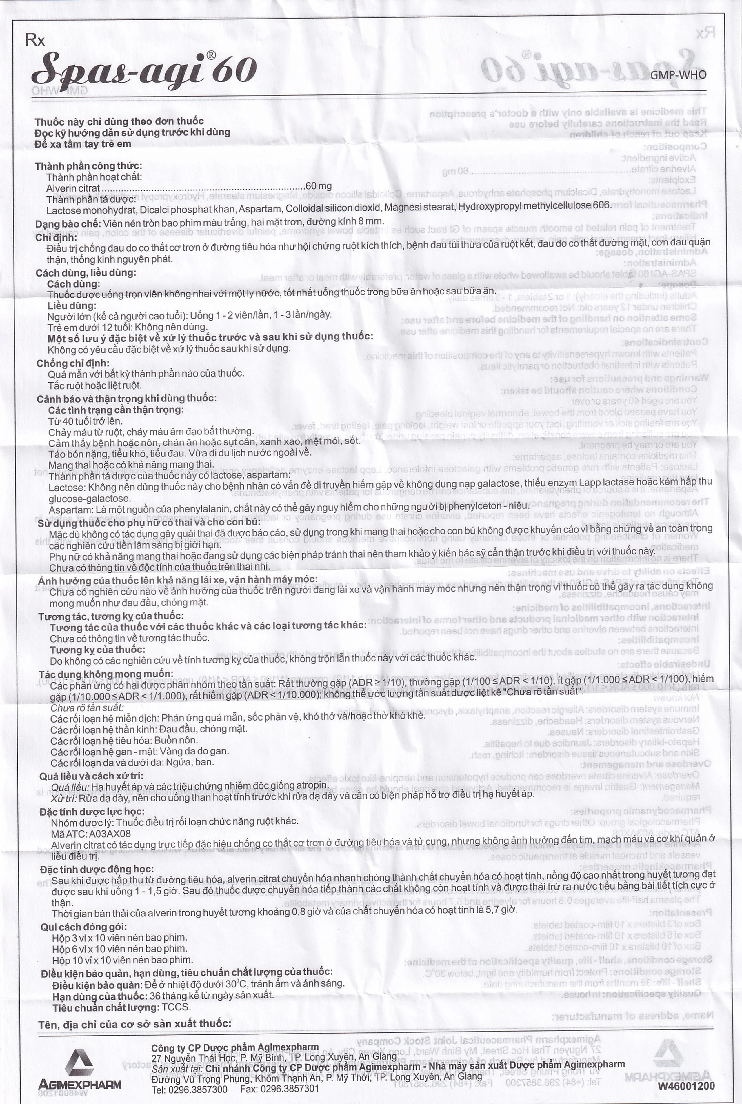 Thuốc Spas-agi 60 Agimexpharm điều trị chống đau do co thắt cơ trơn (60 viên)