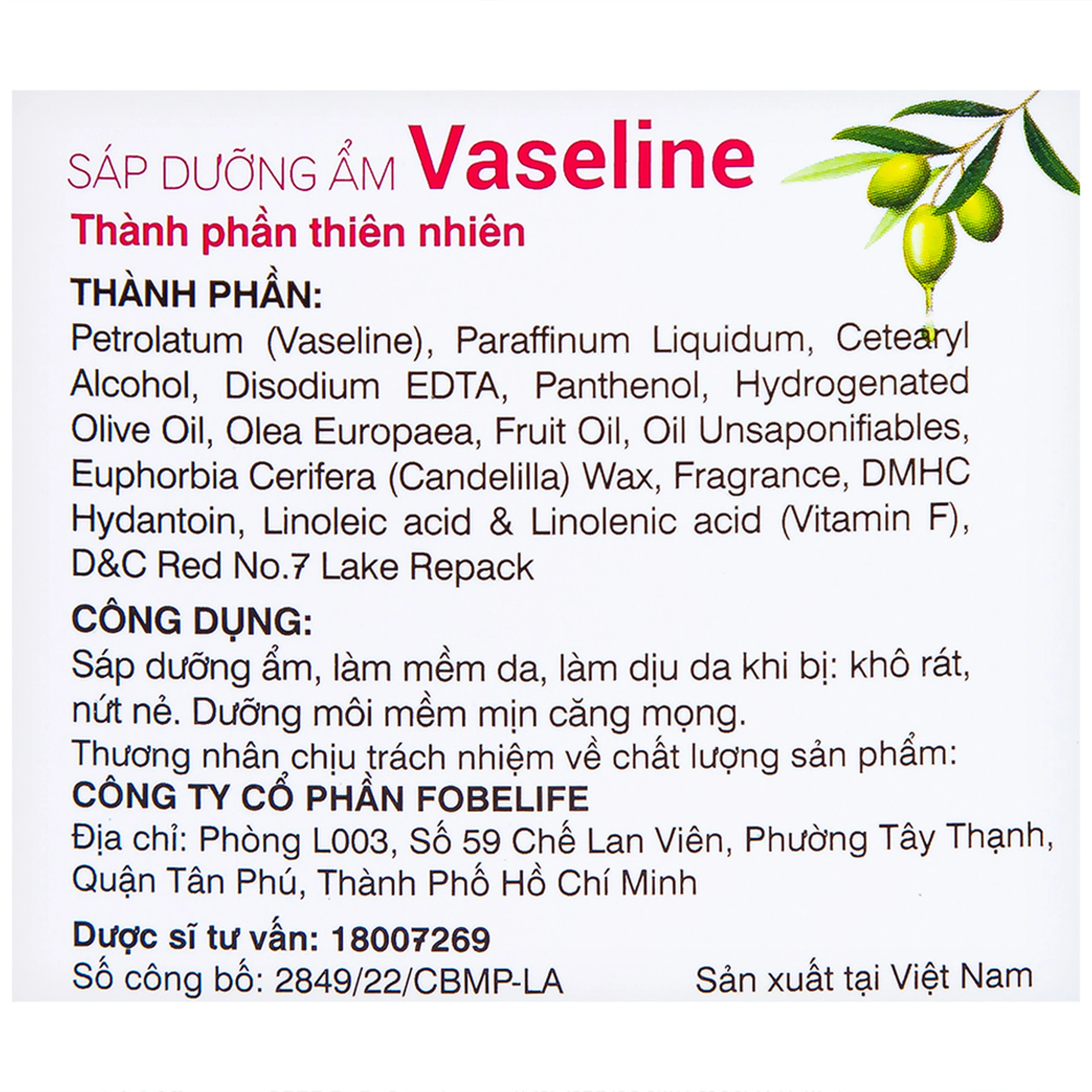 Sáp dưỡng ẩm Vaseline Rosy Lotus Fobelife làm mềm da, chống khô da (7g)