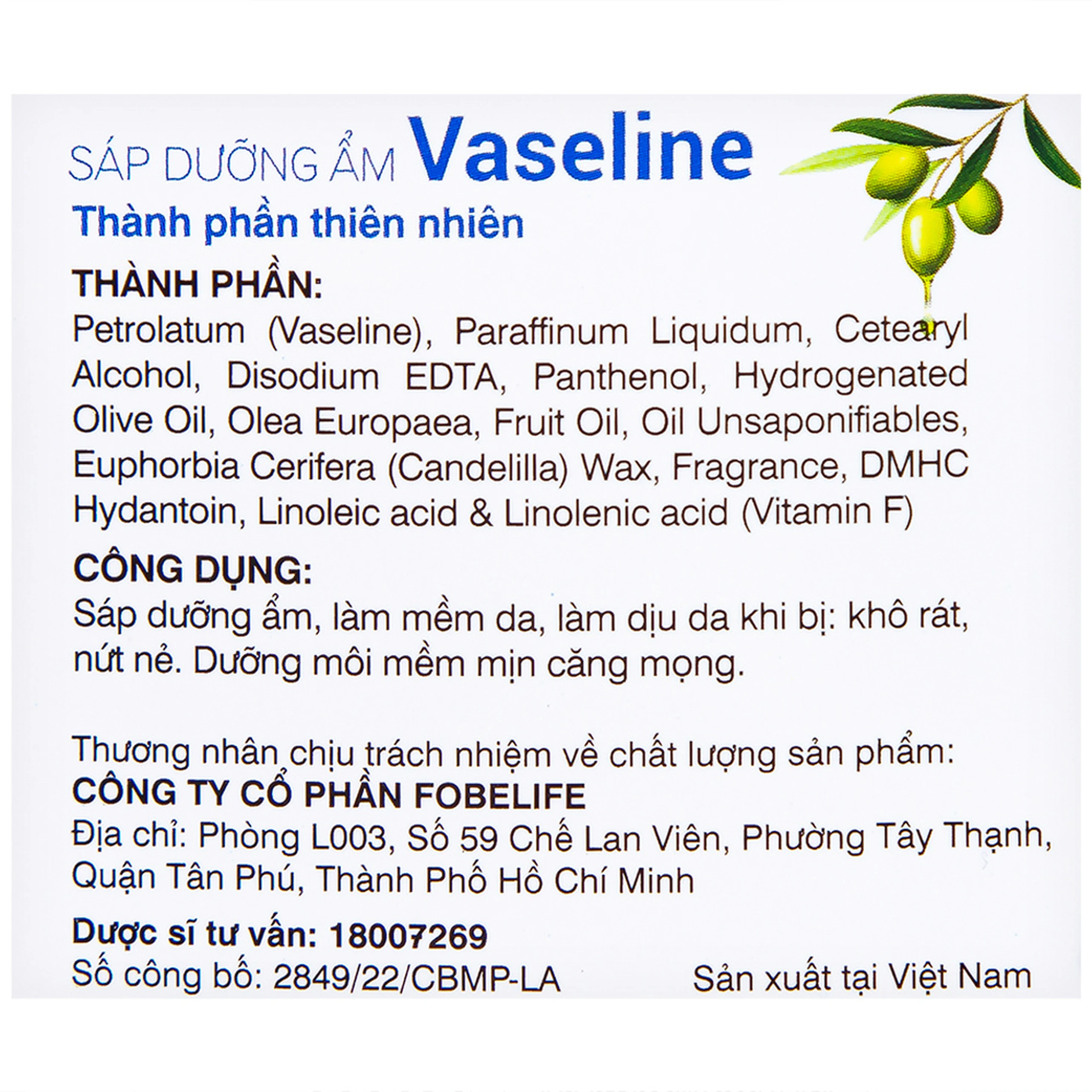 Sáp dưỡng ẩm Vaseline Original Fobelife giữ ẩm, bảo vệ da khô, nứt nẻ (7g)
