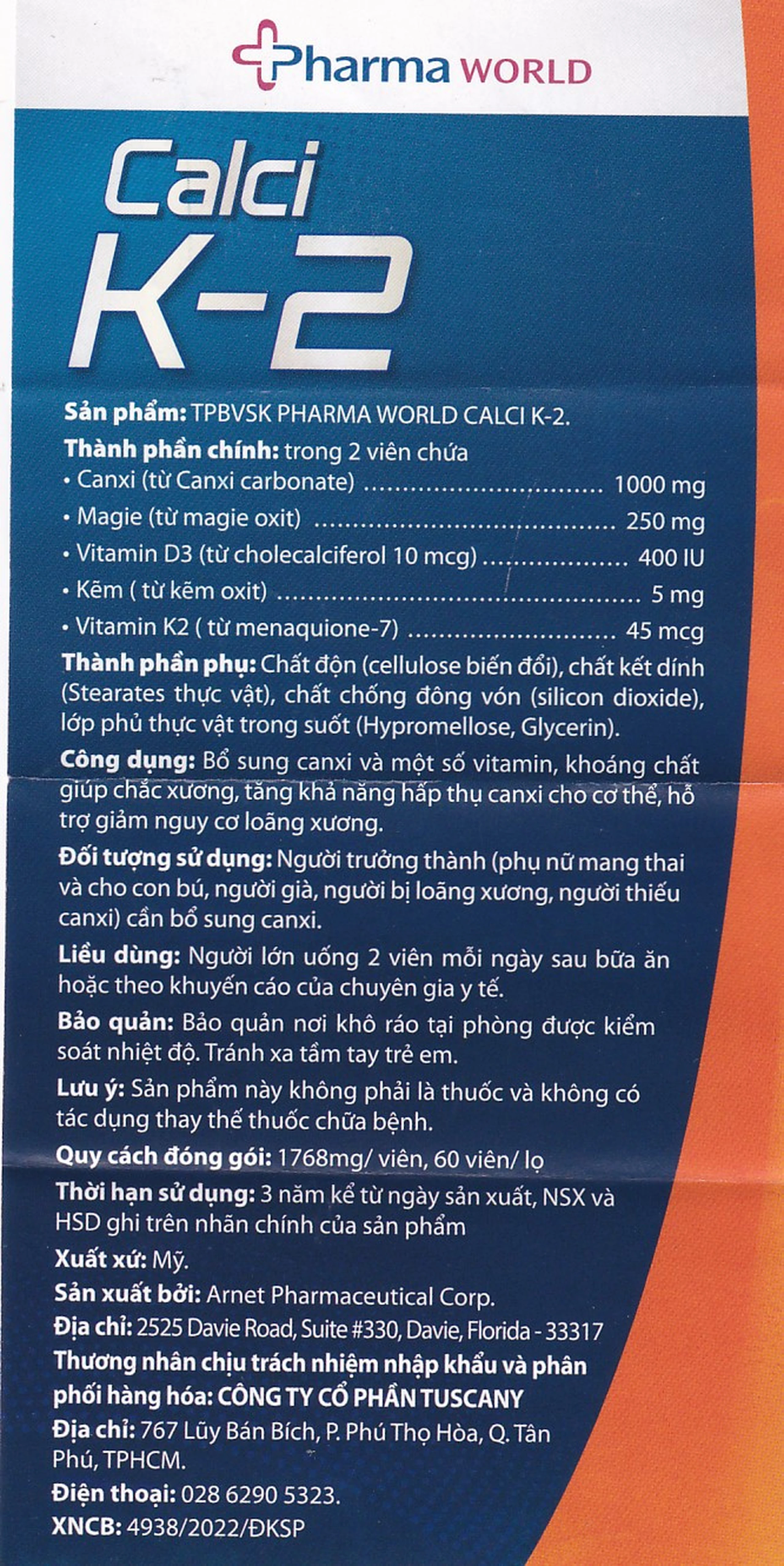 Viên uống bổ sung canxi, hỗ trợ giảm nguy cơ loãng xương Calci K-2 Pharma World (60 viên)