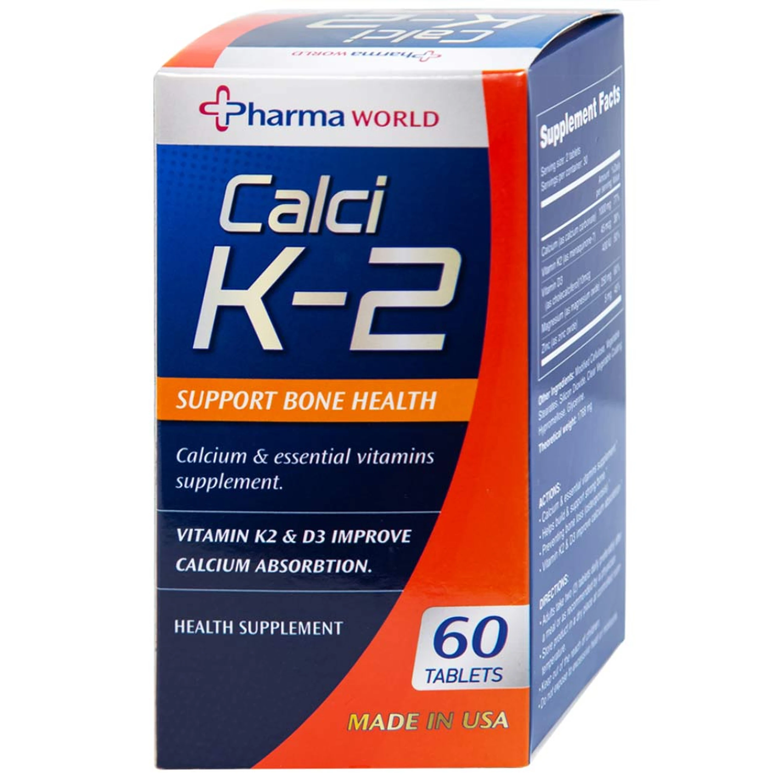 Viên uống bổ sung canxi, hỗ trợ giảm nguy cơ loãng xương Calci K-2 Pharma World (60 viên)