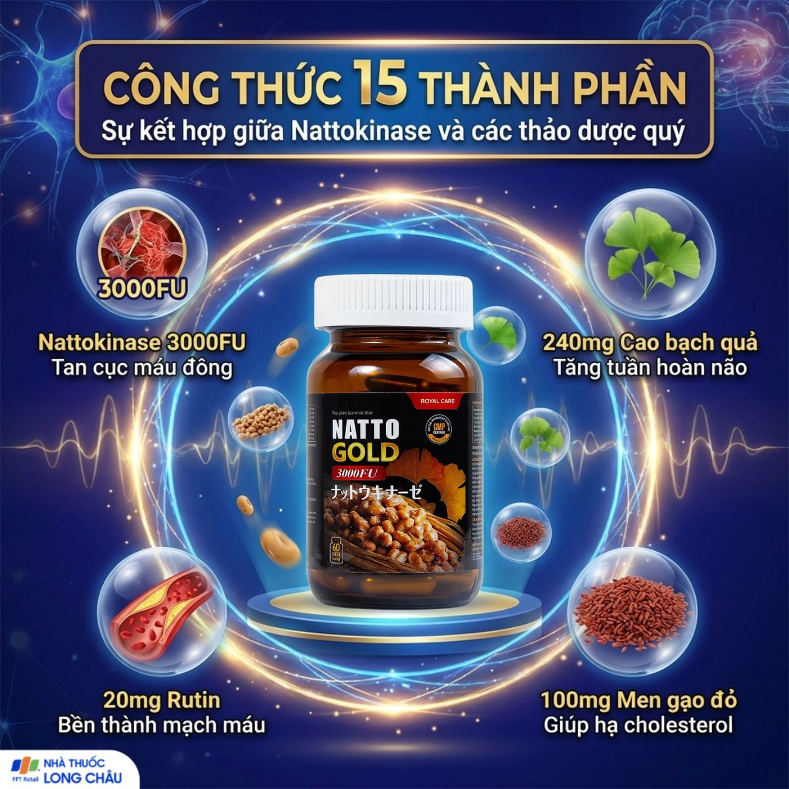 Viên uống hỗ trợ hoạt huyết, tăng cường tuần hoàn não Natto Gold 3000FU Royal Care (60 viên) 3