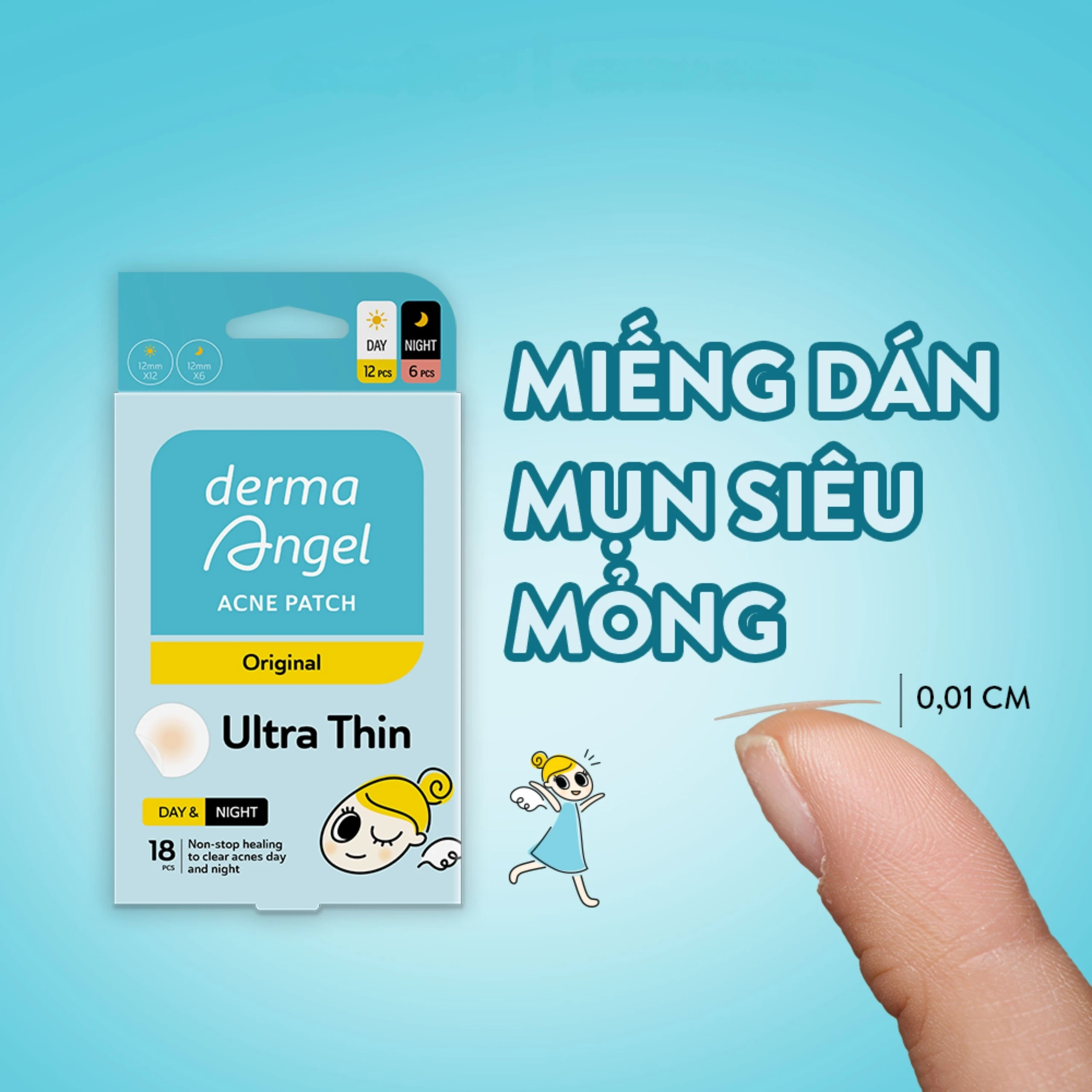 Miếng dán mụn ban ngày và đêm Derma Angel (12Đ + 6N miếng) hút mụn, làm lành vết thương sau mụn 