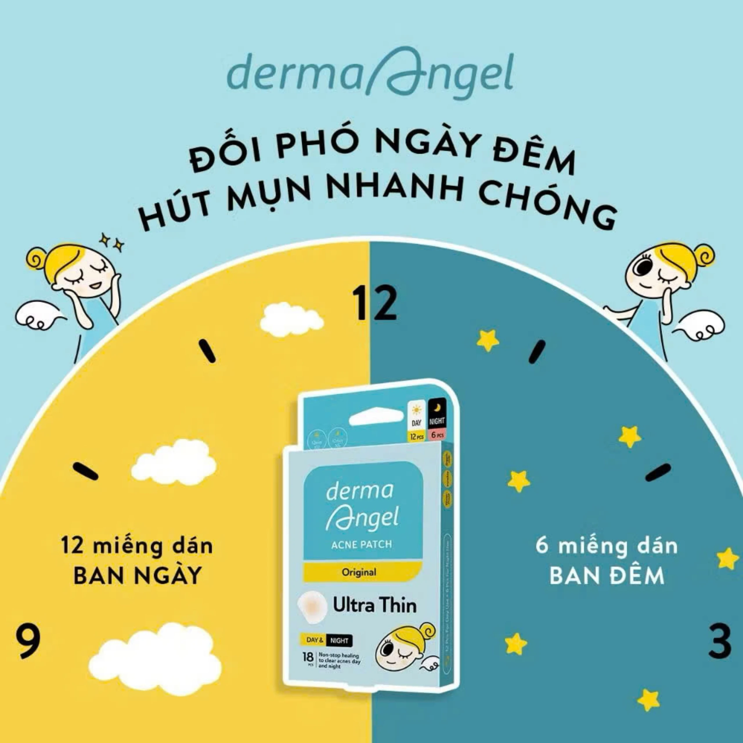 Miếng dán mụn ban ngày và đêm Derma Angel (12Đ + 6N miếng) hút mụn, làm lành vết thương sau mụn 