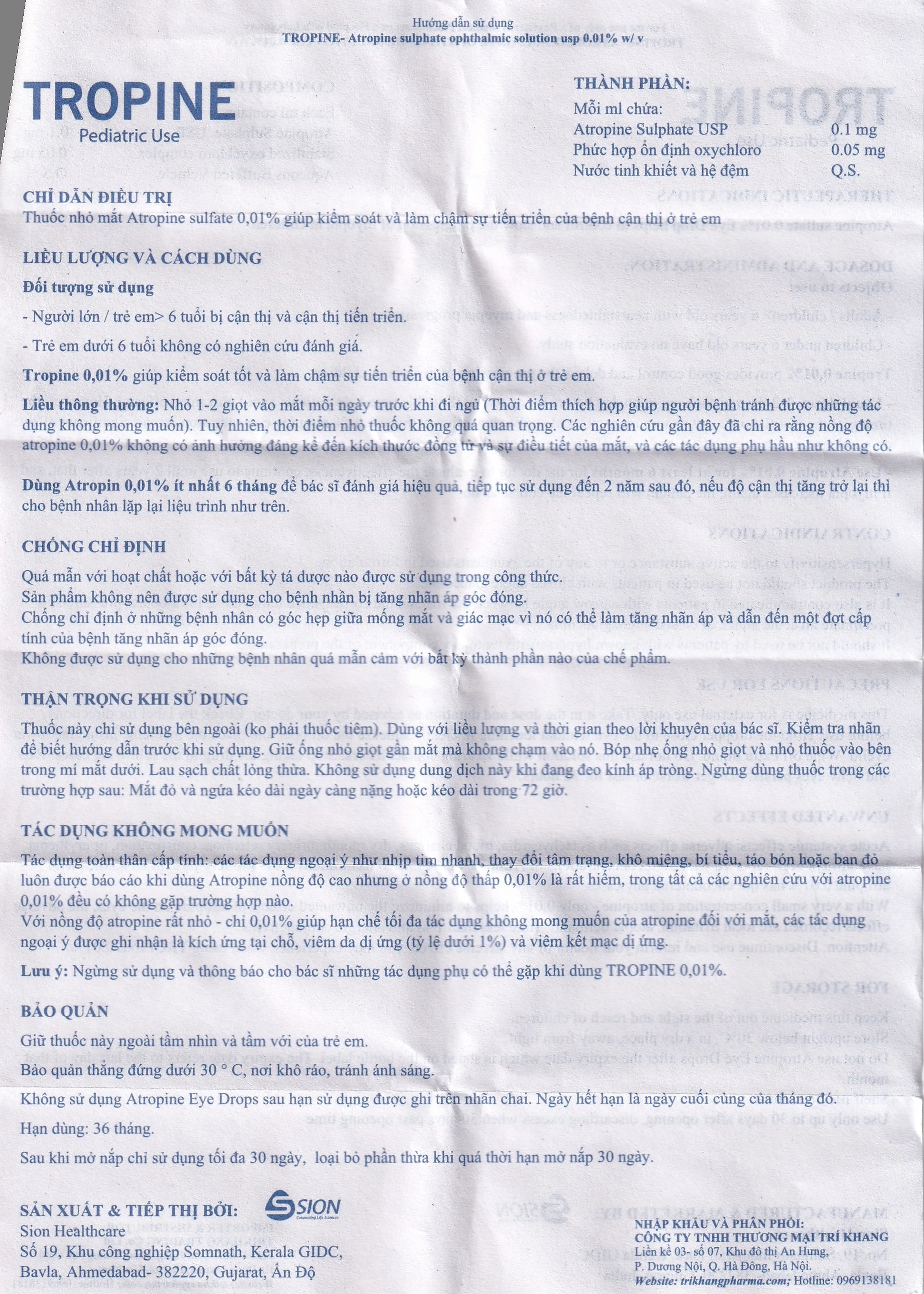 Nhỏ mắt kiểm soát cận thị Tropine India 10ml hỗ trợ kiểm soát và làm chậm sự tiến triển của bệnh cận thị ở trẻ em