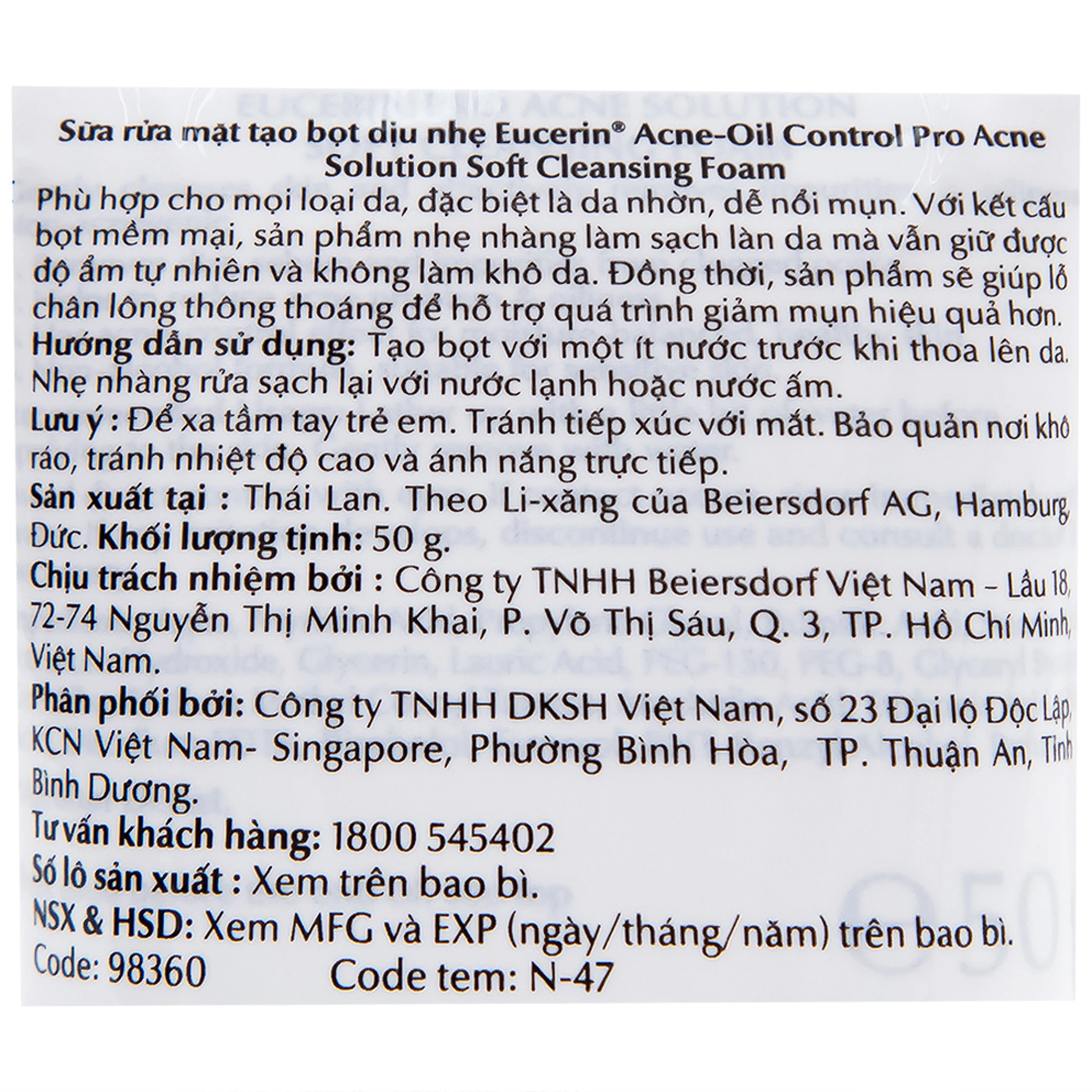 Sữa rửa mặt tạo bọt dịu nhẹ Eucerin Acne-Oil Control Pro Acne-Solution kiểm soát dầu, ngăn ngừa mụn (50g)