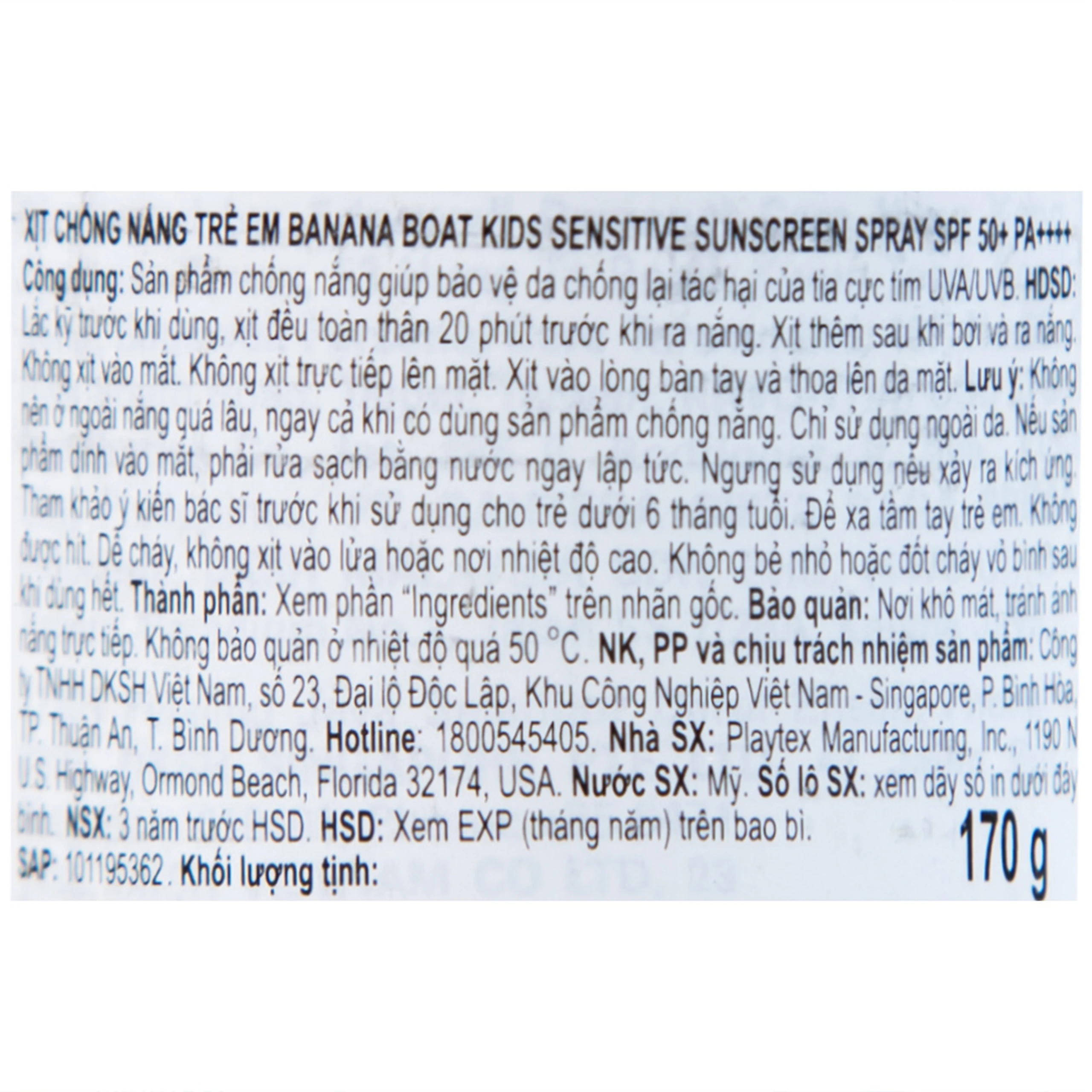 Xịt chống nắng cho trẻ em Banana Boat Kids Sensitive SPF50+ PA++++ bảo vệ da không gây kích ứng (170g)