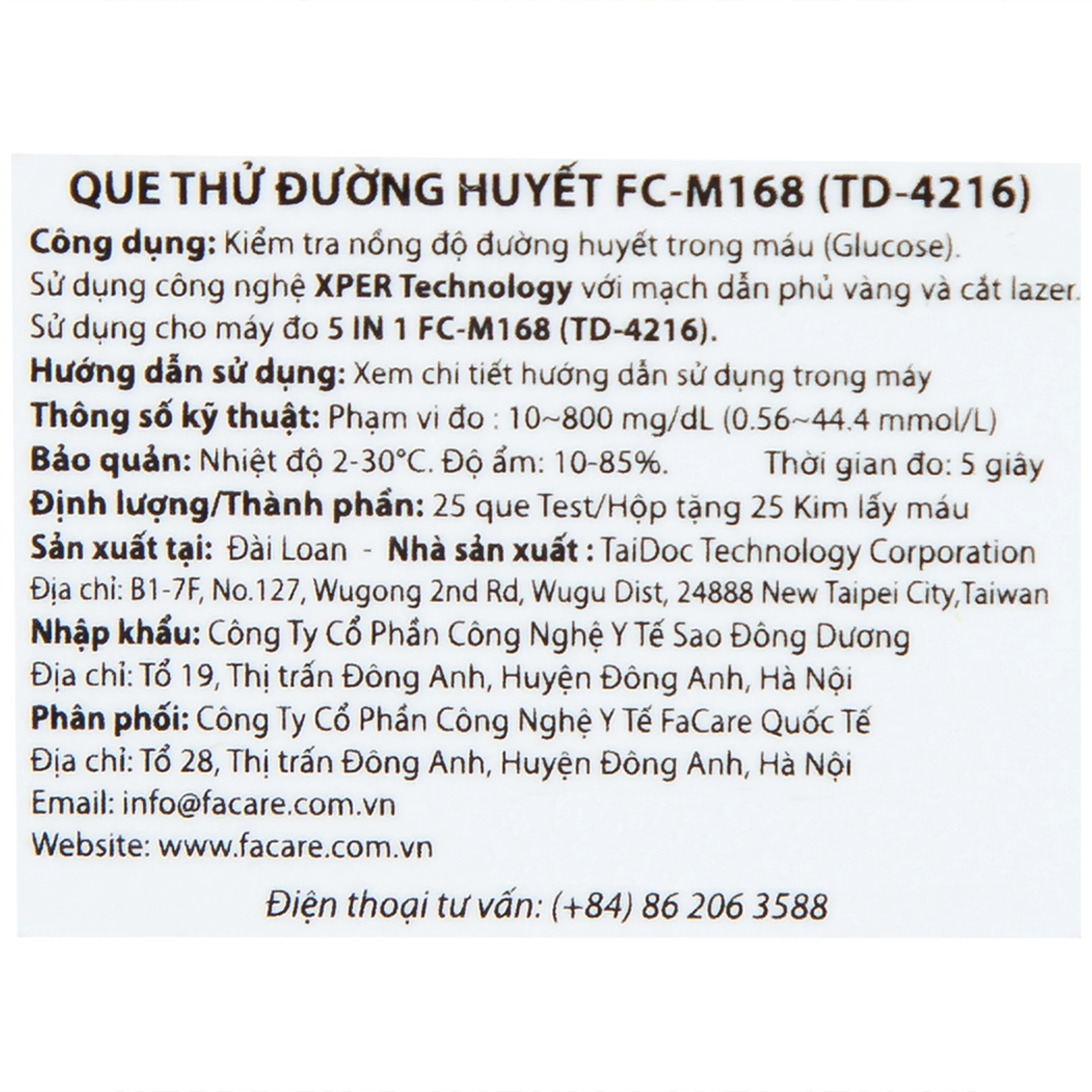 Que thử đường huyết FaCare FC-M168 (hộp 25 que)