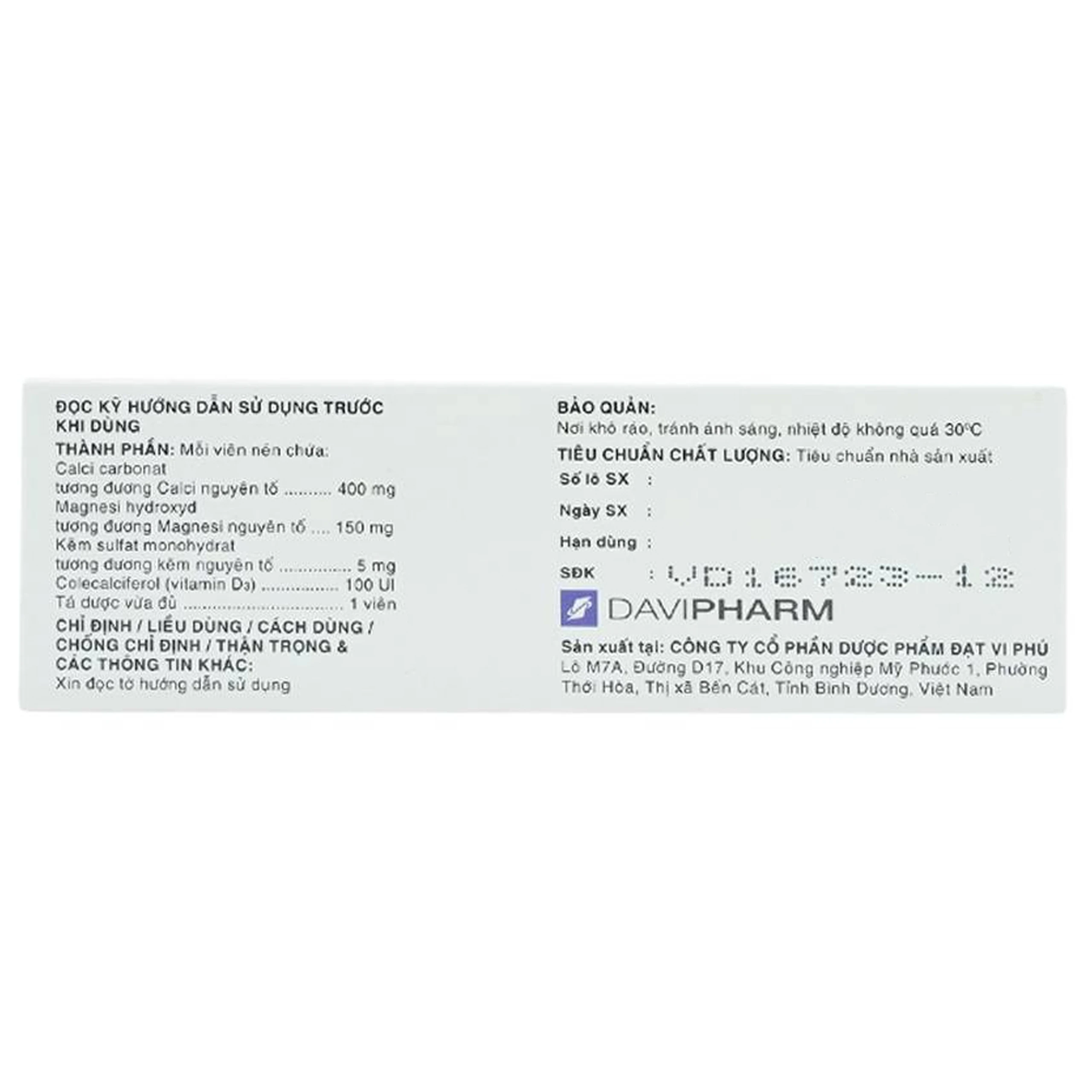 Thuốc Trixlazi DaviPharm bổ sung canxi, magnesi, kẽm và Vitamin D3 (3 vỉ x 10 viên)