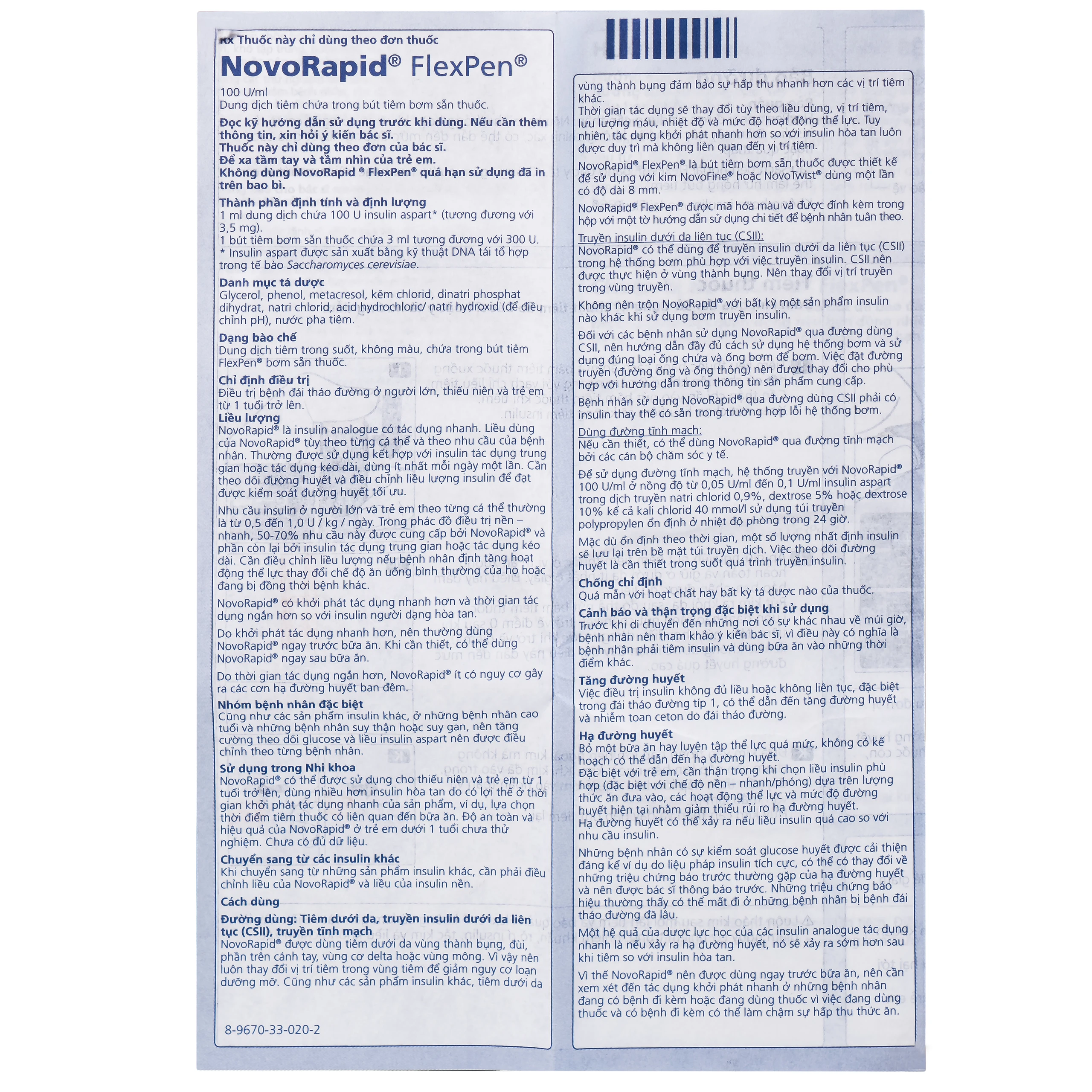 Bút tiêm Novorapid FlexPen 100U/ml Novo Nordisk kiểm soát đường huyết (5 cây x 3ml)