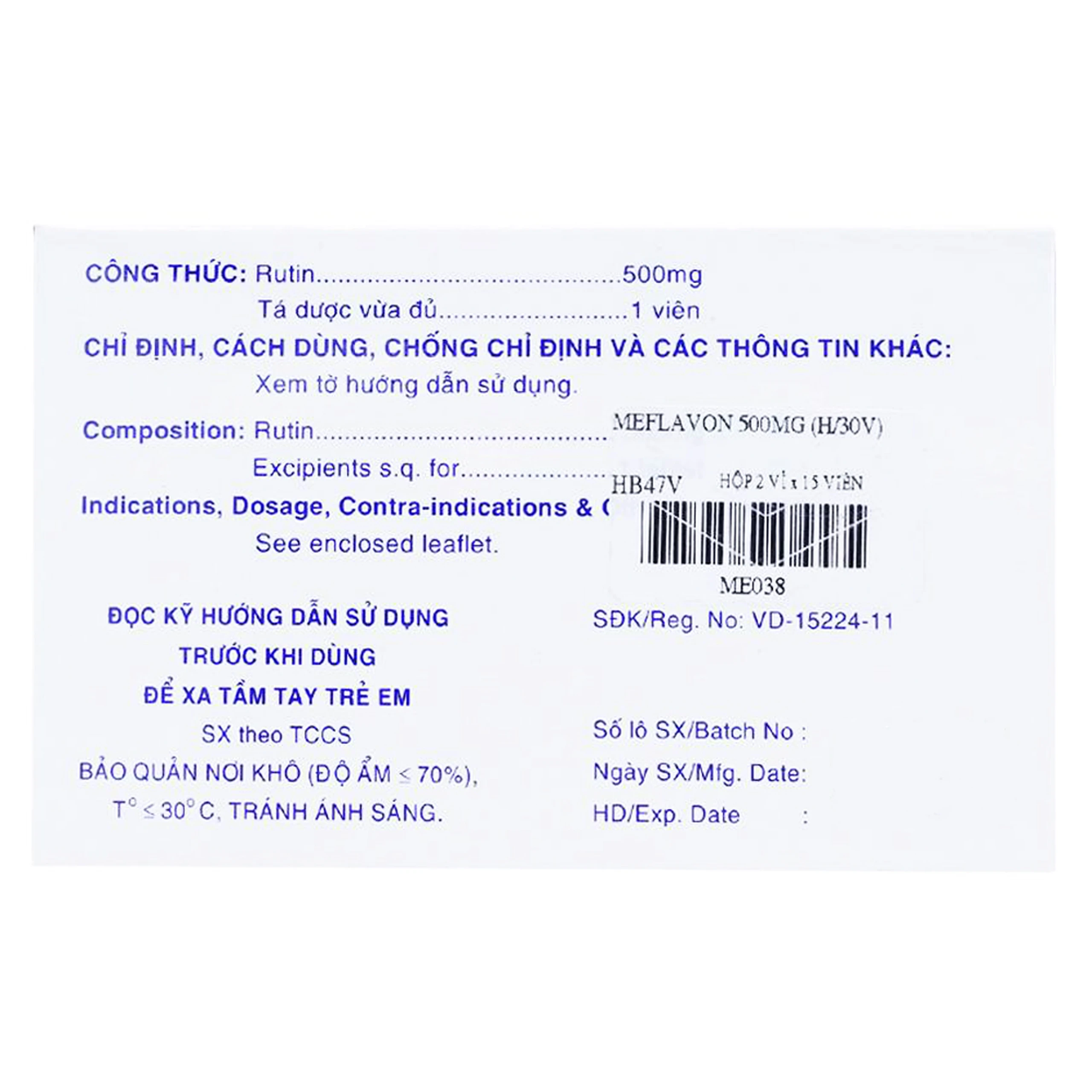 Viên nén Meflavon 500mg Mekophar điều trị hội chứng chảy máu, xơ cứng mạch máu (2 vỉ x 15 viên)