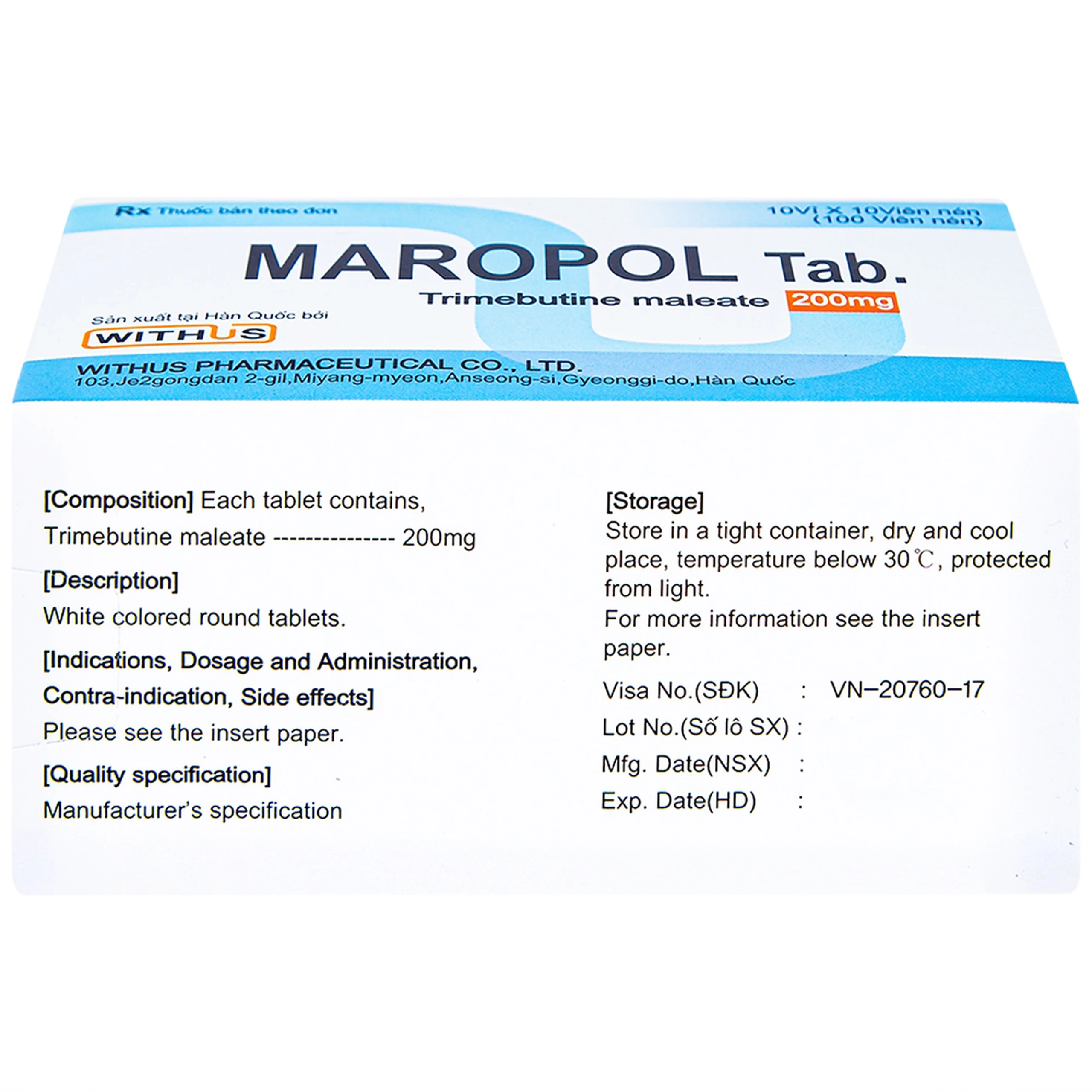 Viên nén Maropol 200mg Withus Pharma điều trị đau do rối loạn chức năng ống tiêu hóa (10 vỉ x 10 viên)