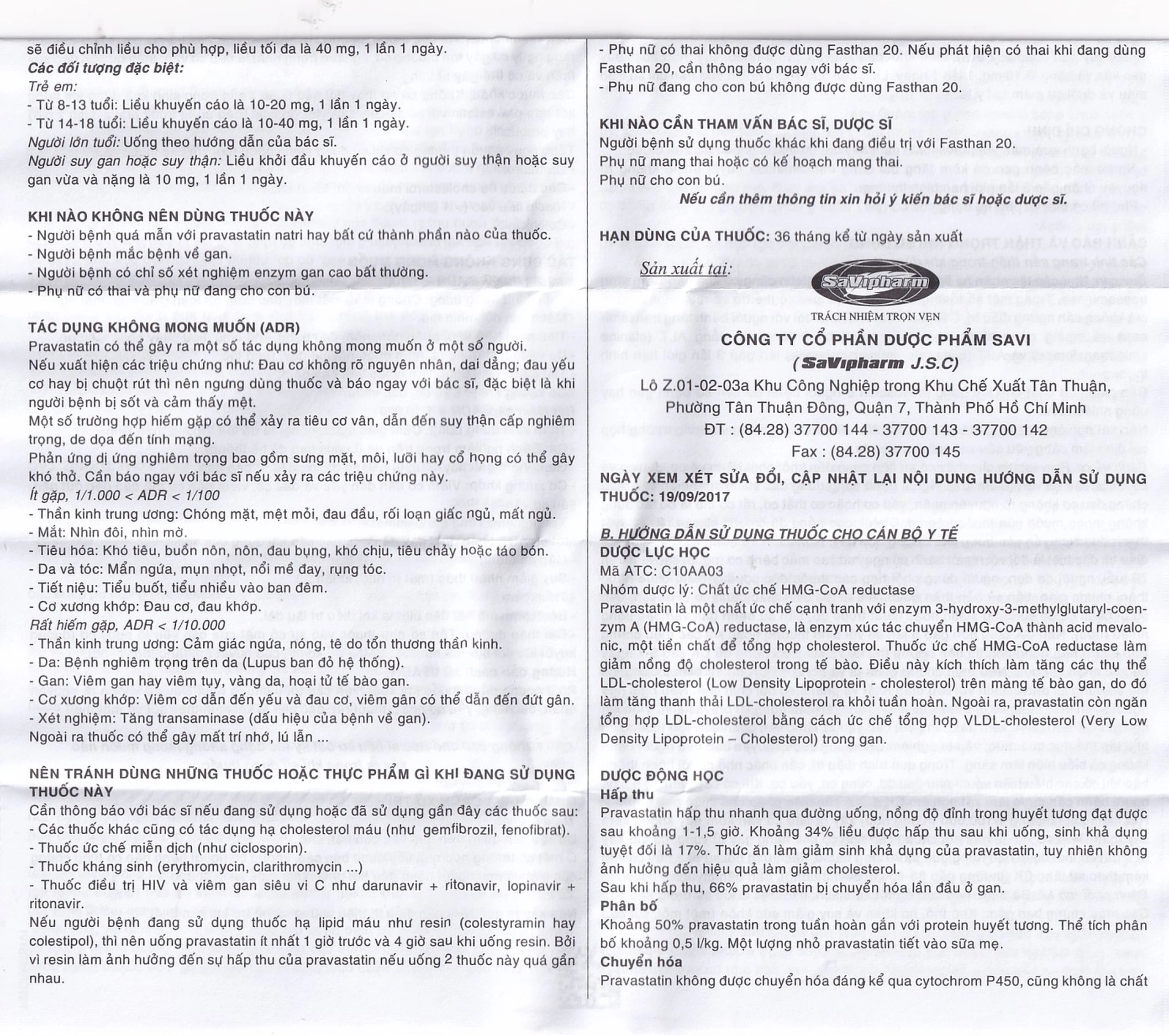 Thuốc Fasthan 20 SaVipharm điều trị rối loạn lipid máu, dự phòng biến cố tim mạch (3 vỉ x 10 viên)