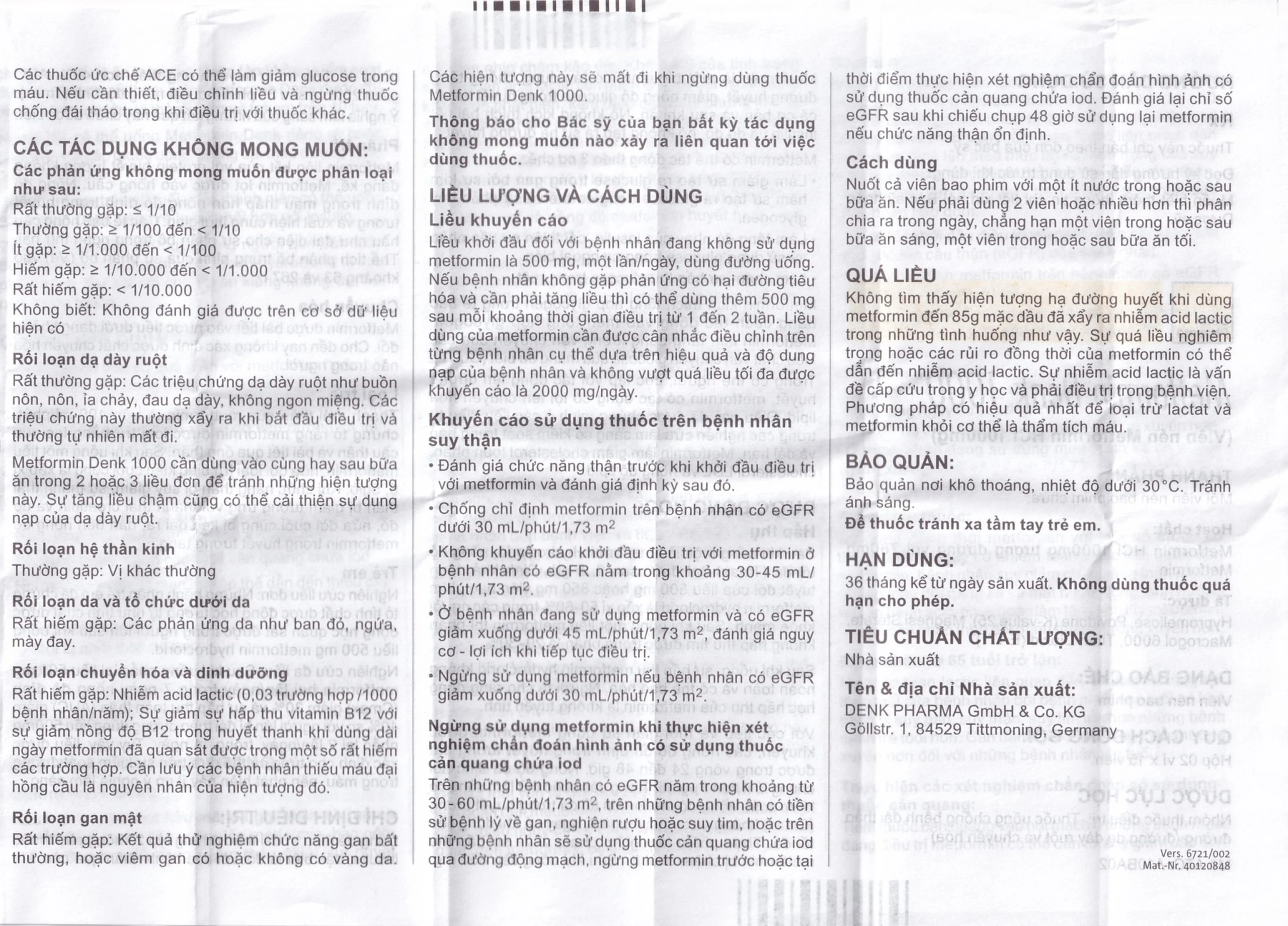 Viên nén Metformin Denk 1000 điều trị đái tháo đường típ 2 (2 vỉ x 15 viên)