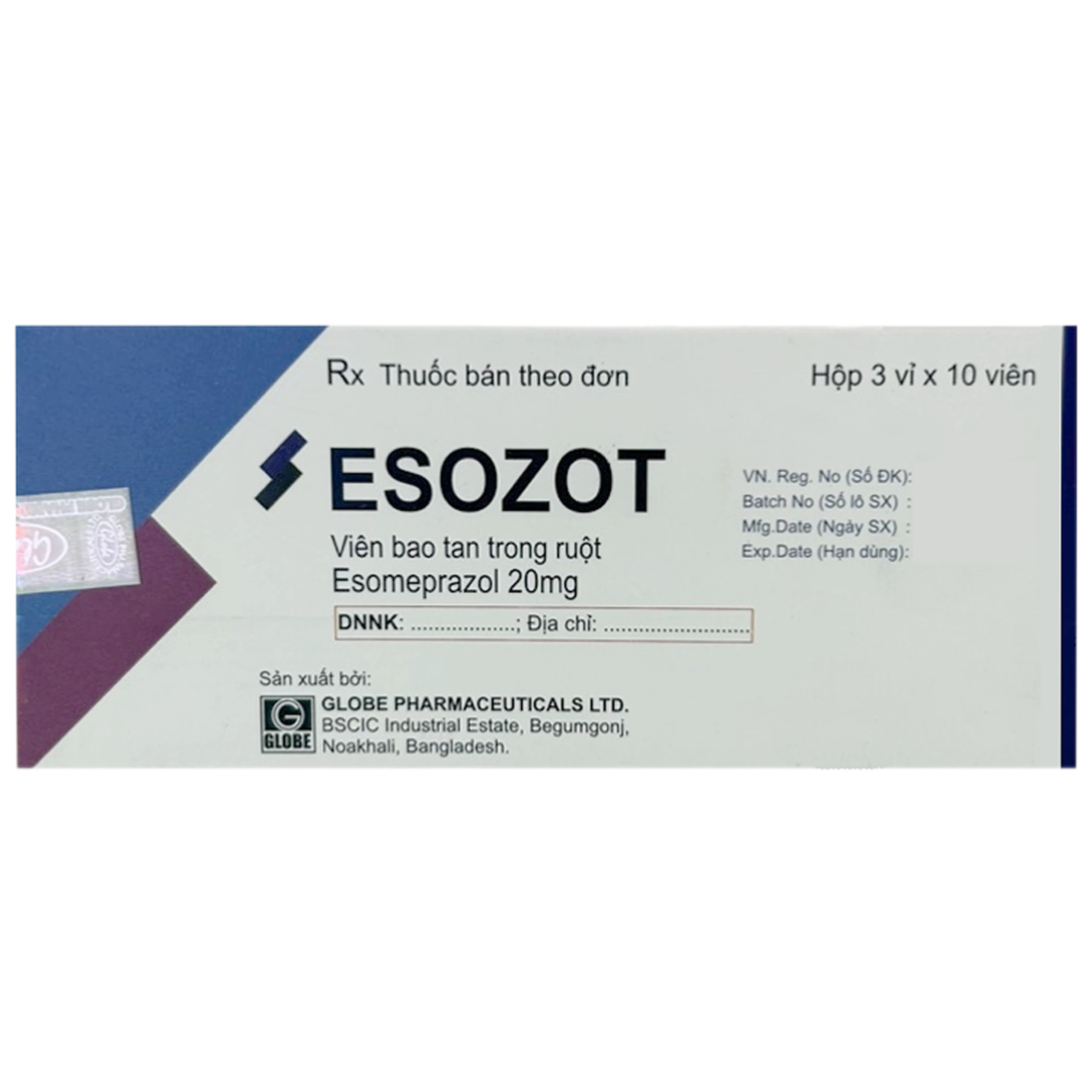 Thuốc Esozot Globe điều trị vết loét thực quản do trào ngược (3 vỉ x 10 viên) 1