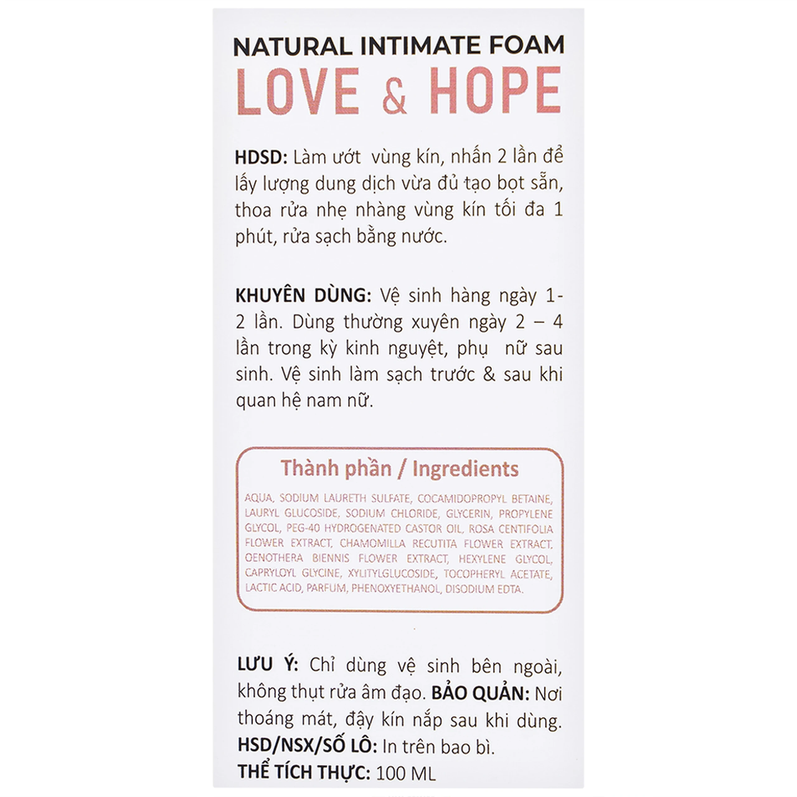 Dung dịch vệ sinh phụ nữ dạng bọt Daily Lady Love & Hope sáng hồng, kháng viêm (100ml)