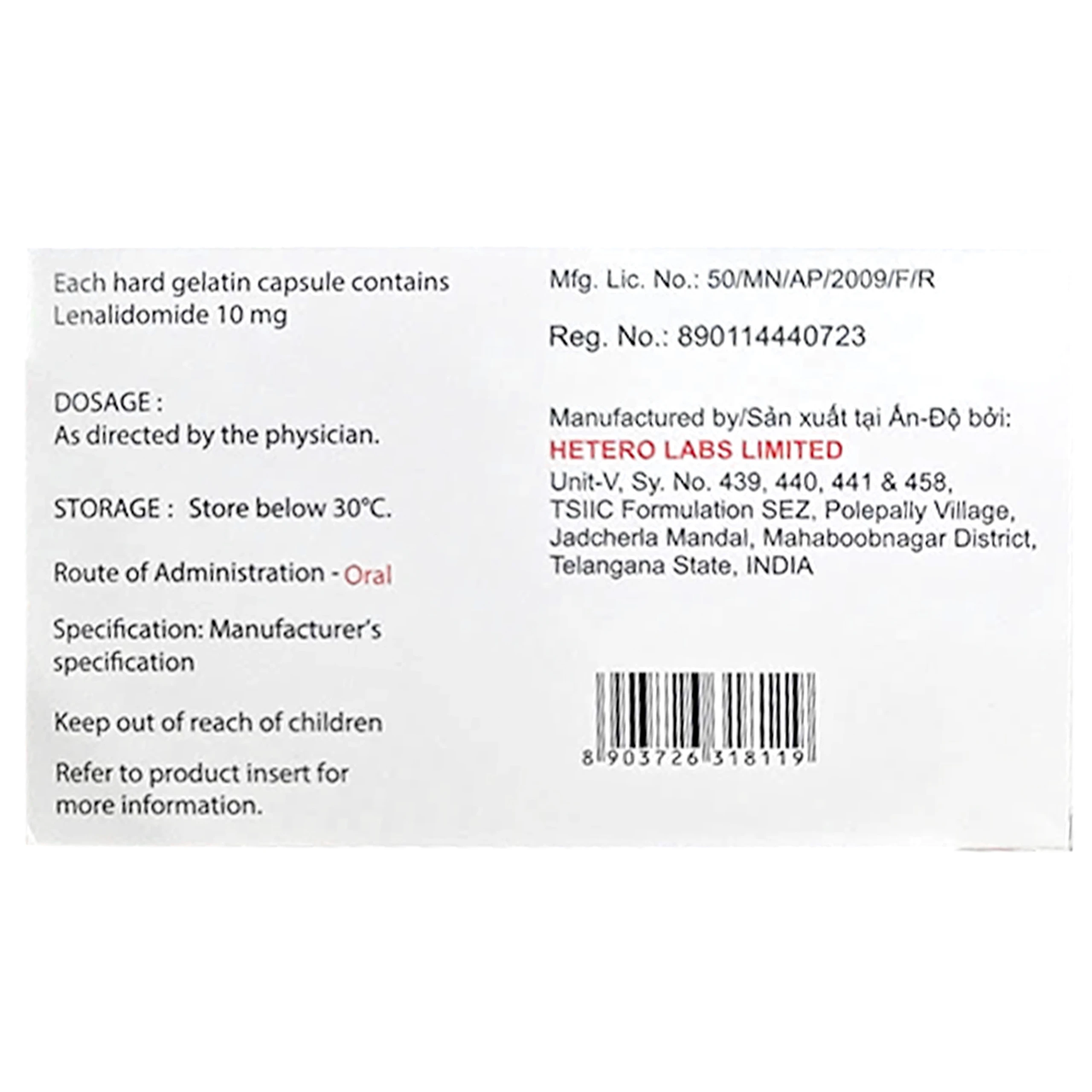 Thuốc Lenalidomide Capsules 10mg Hetero điều trị ung thư (3 vỉ x 10 viên)