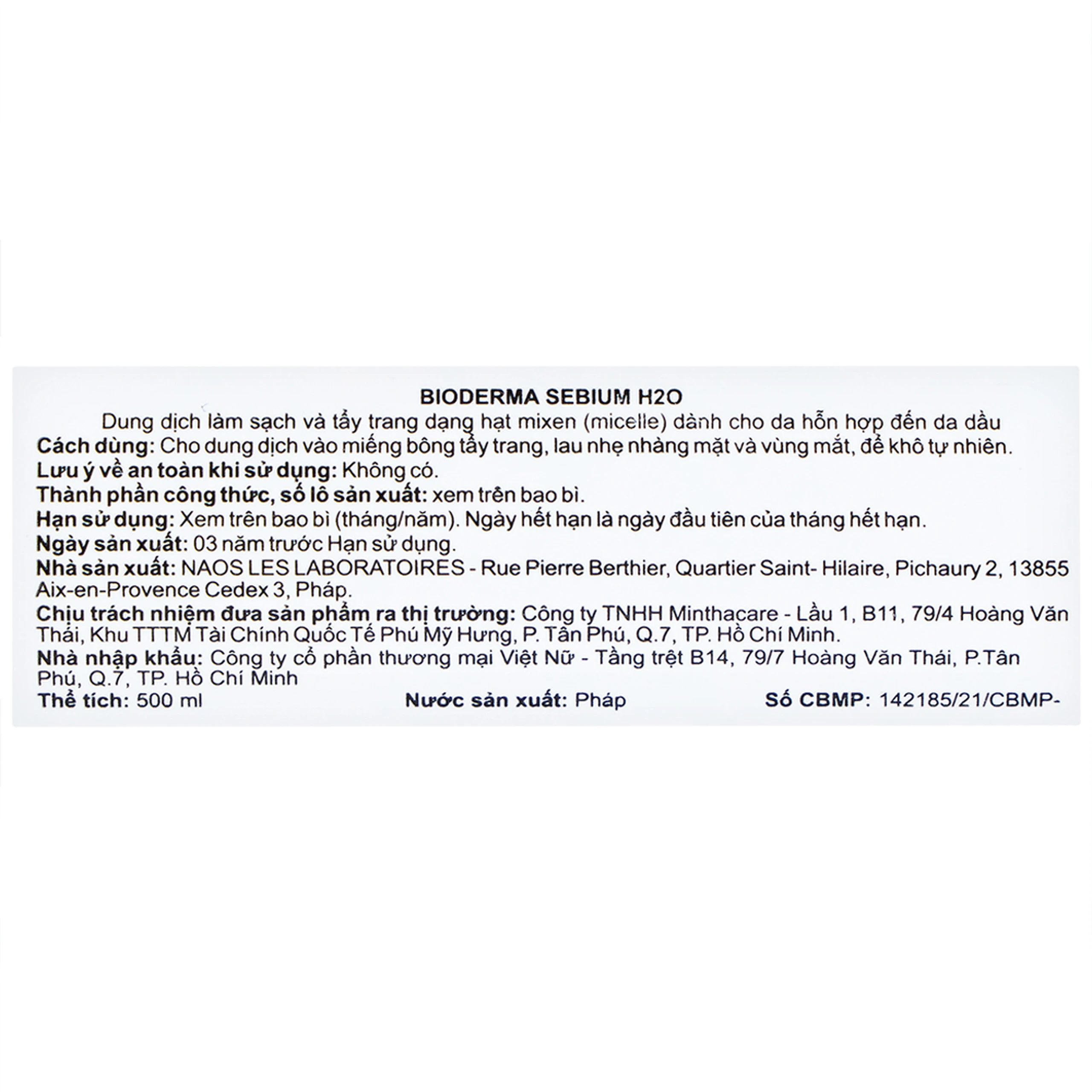 Nước tẩy trang Bioderma Sebium H2O dành cho da dầu và hỗn hợp (500ml)