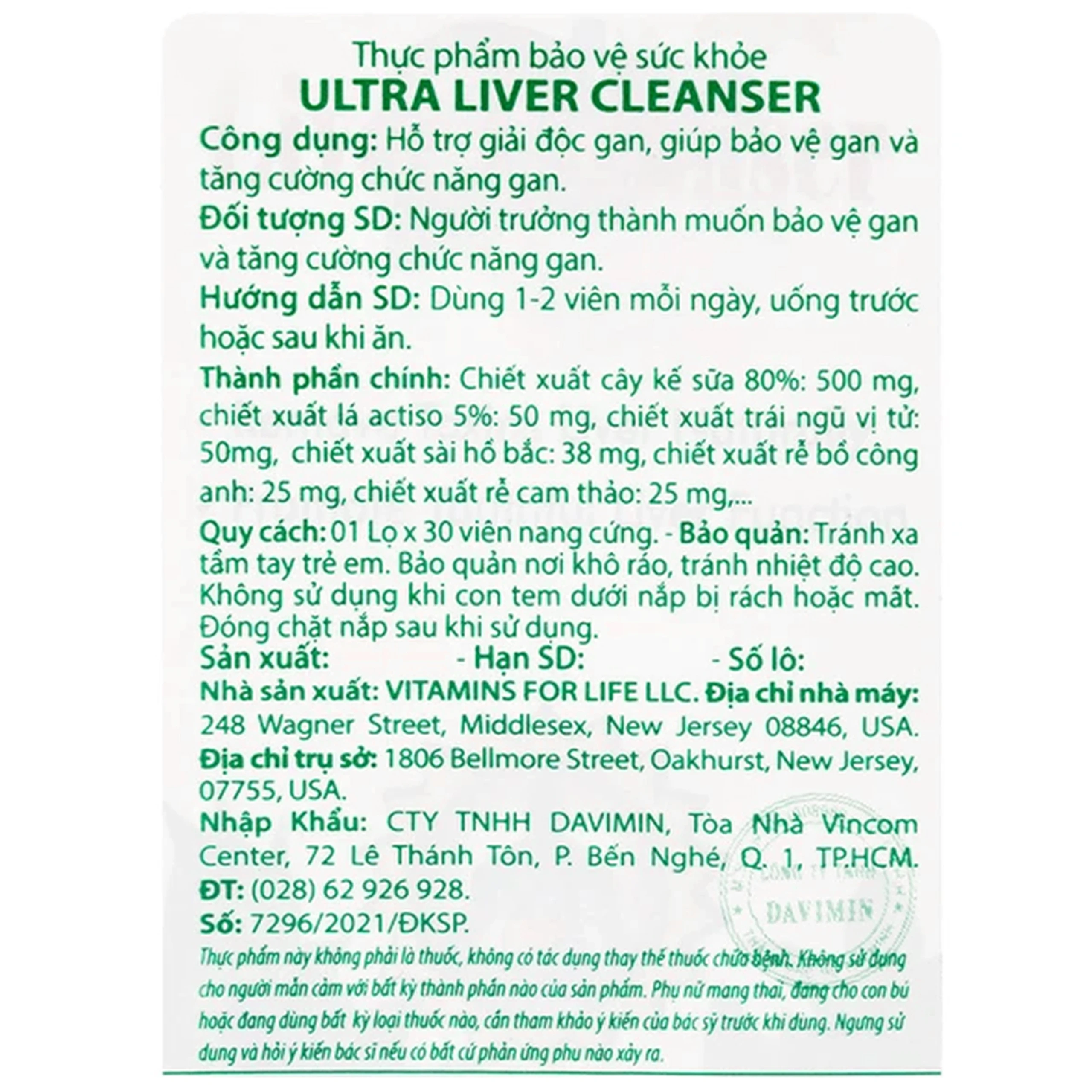 Viên uống hỗ trợ giải độc gan, giúp bảo vệ gan Ultra Liver Cleanser Vitamins For Life (30 viên)