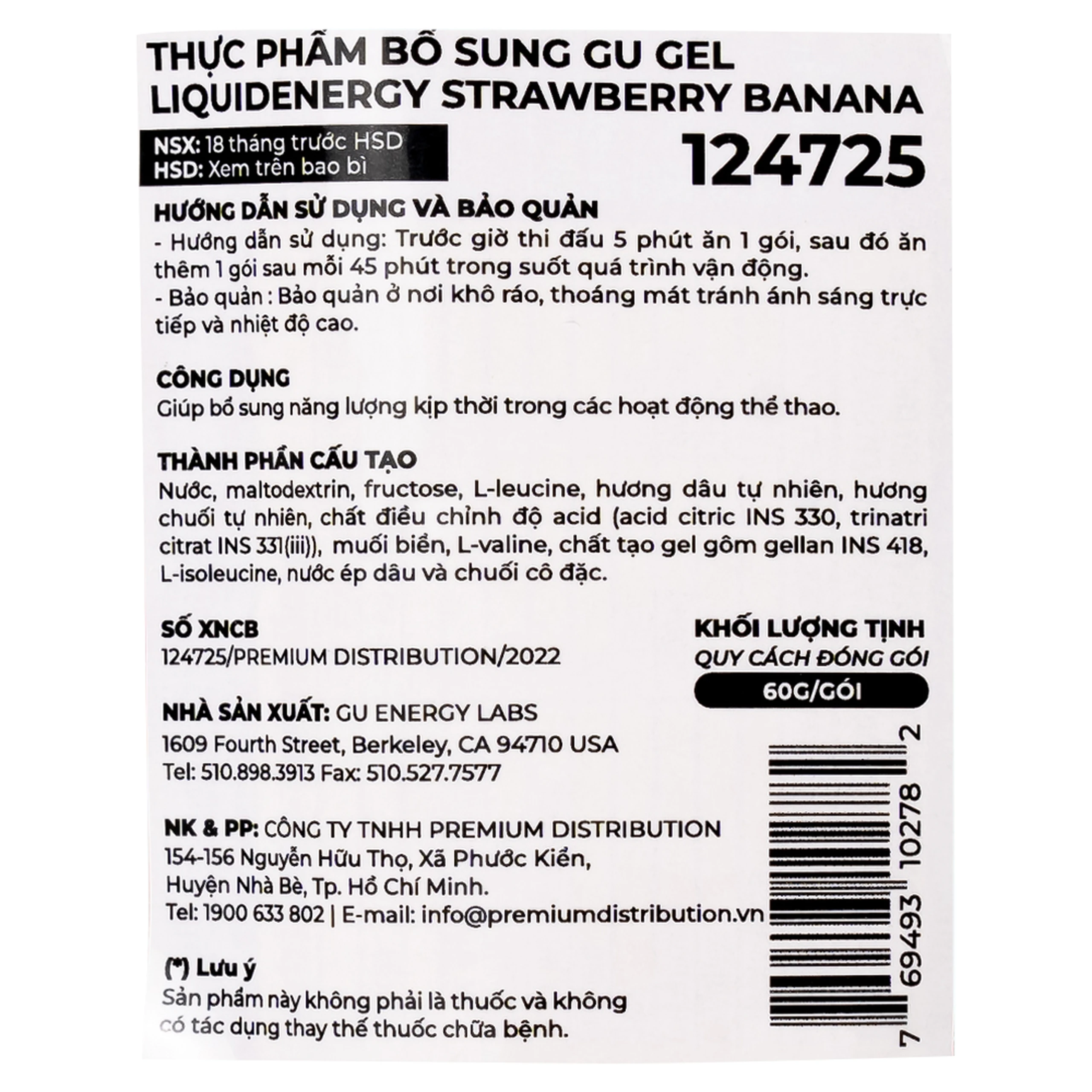Thực phẩm bổ sung GU Gel Liquid Energy Strawberry Banana 60g bổ sung năng lượng trong các hoạt động thể thao