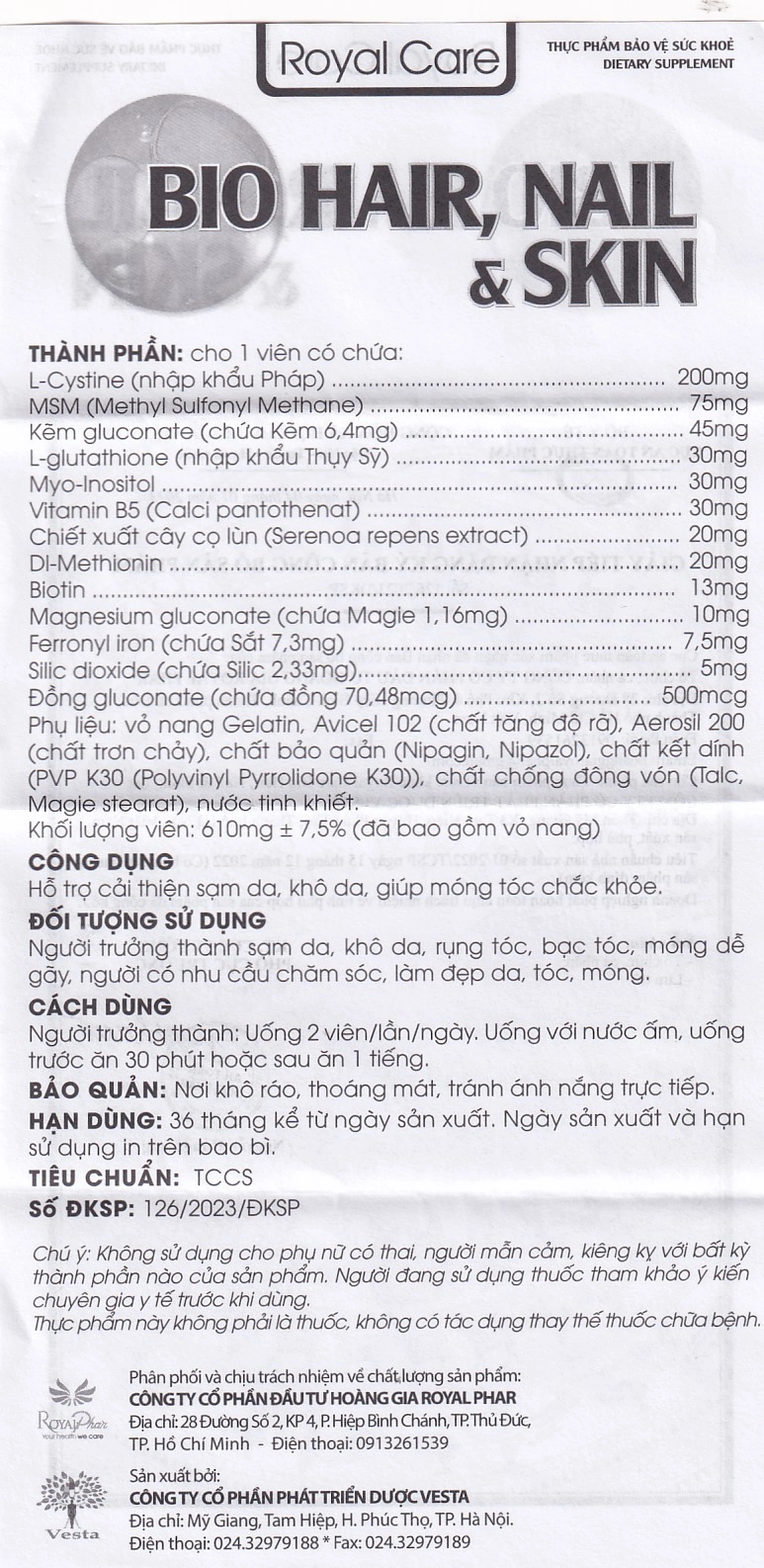 Viên uống hỗ trợ cải thiện sạm da, khô da, móng tóc chắc khoẻ Bio Hair, Nail & Skin Royal Care (30 viên)