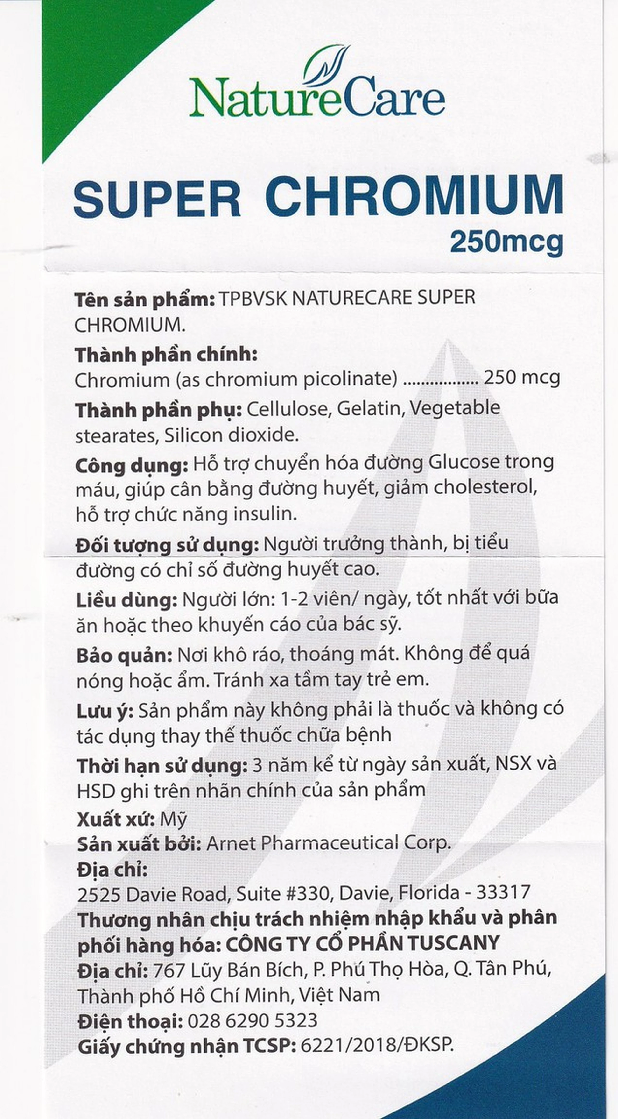 Viên uống giúp cân bằng đường huyết, giảm cholesterol Super Chromium 250mcg NatureCare (90 viên)