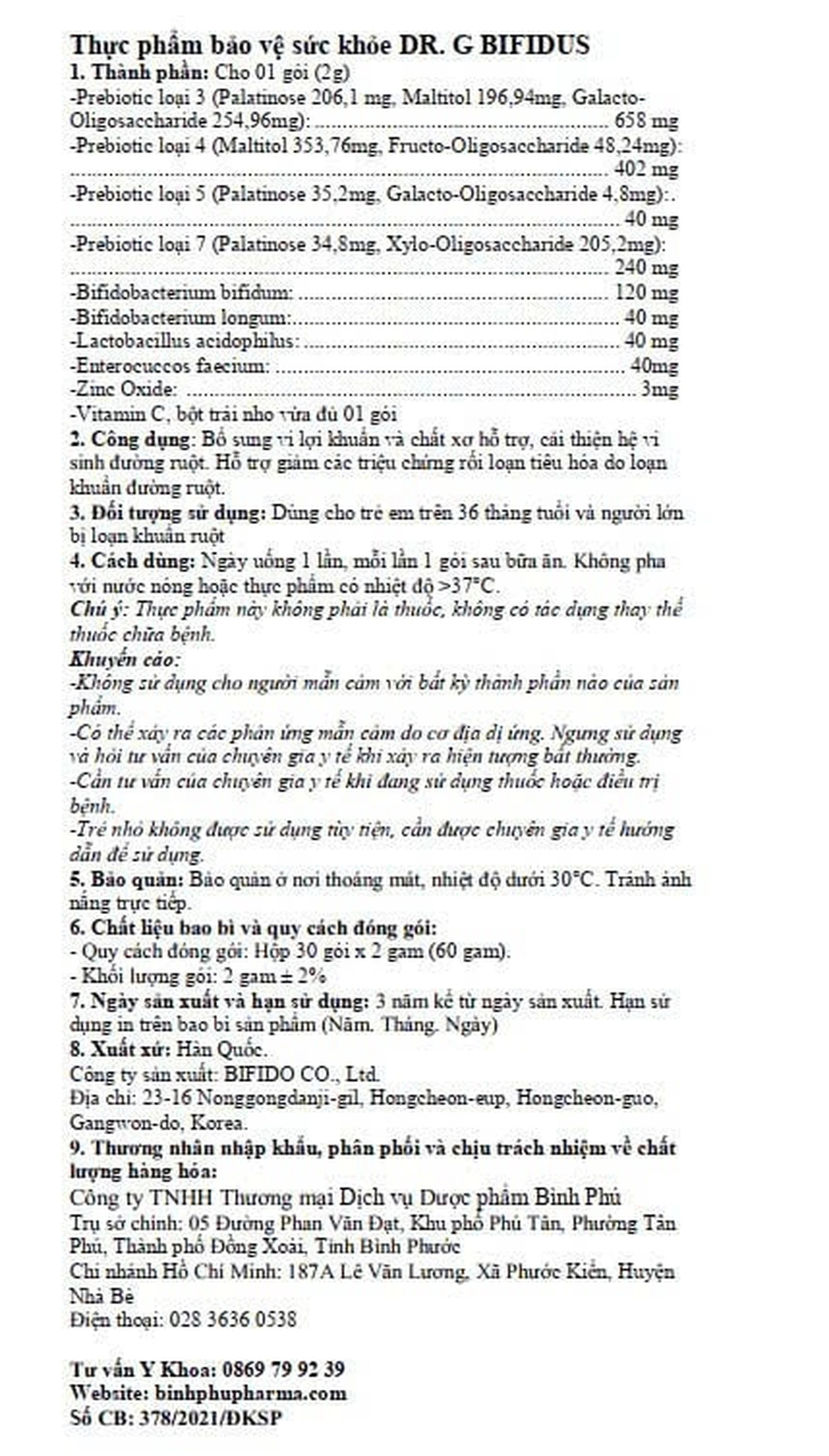 Viên uống hỗ trợ cải thiện hệ tiêu hóa Dr.G Bifidus Bifido (2g x 30 gói)