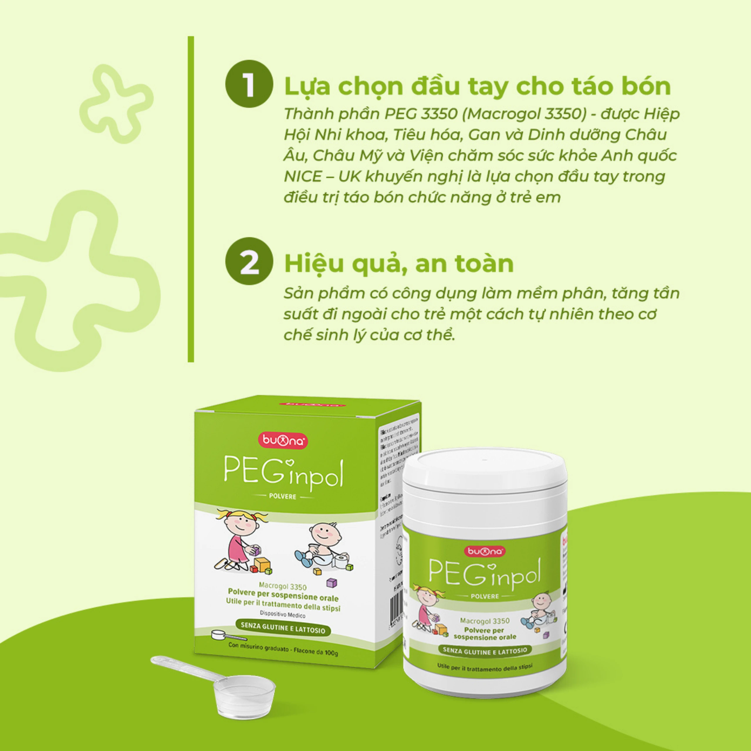 Bột nhuận tràng Buona Peginpol 100g cải thiện tình trạng táo bón cho trẻ từ 6 tháng tuổi