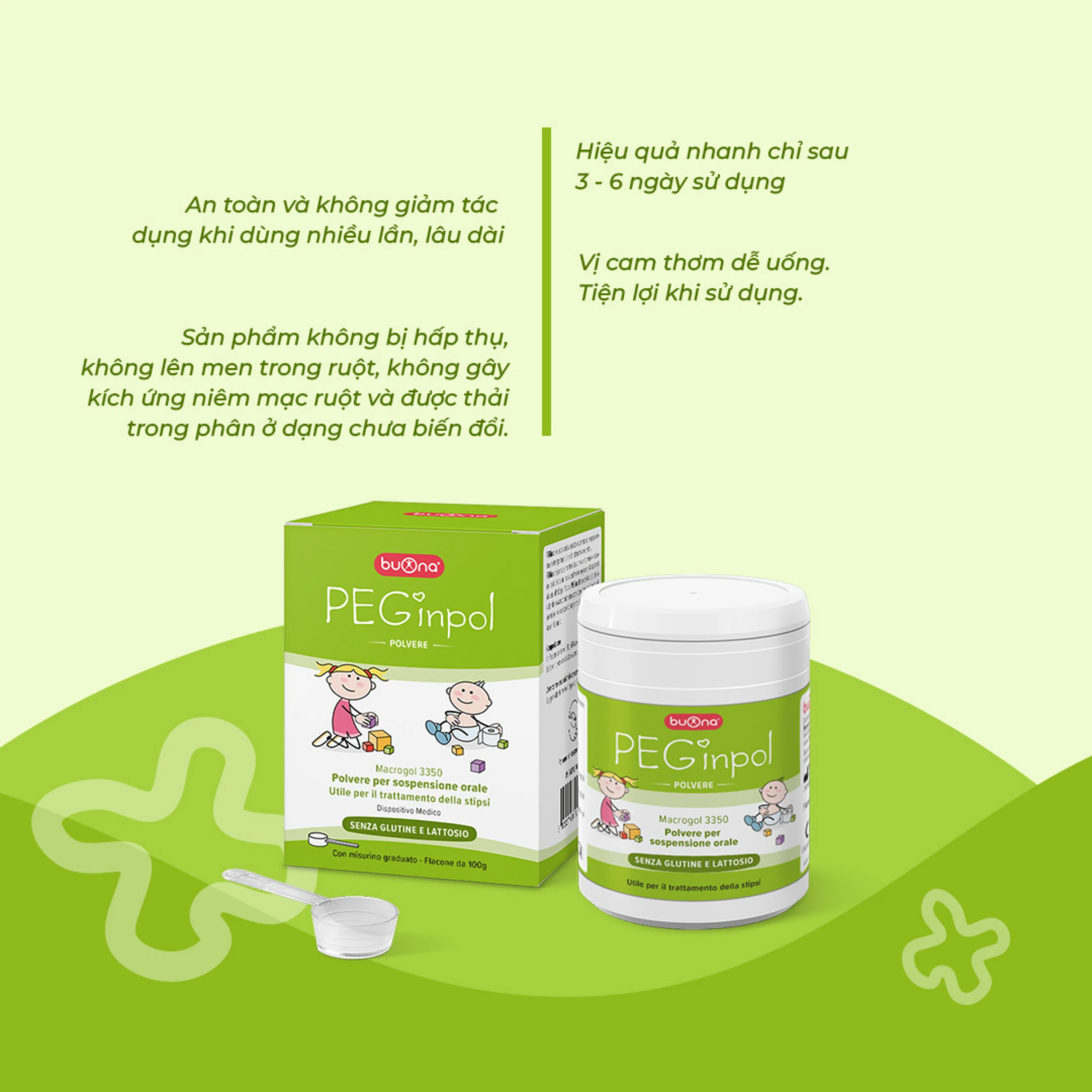 Bột nhuận tràng Buona Peginpol 100g cải thiện tình trạng táo bón cho trẻ từ 6 tháng tuổi