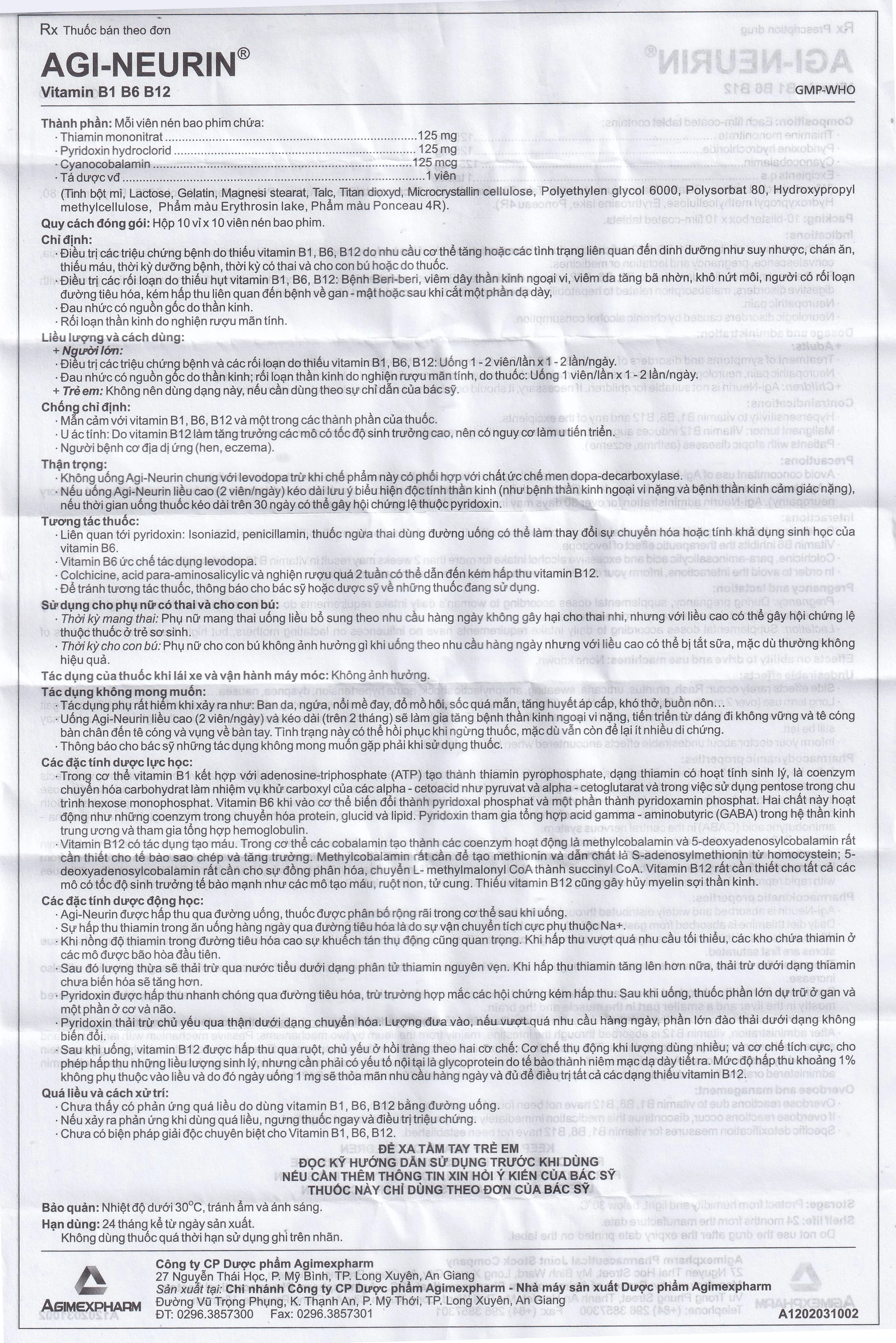 Thuốc 3B Agi-Neurin Agimexpharm điều trị các triệu chứng bệnh và các rối loạn do thiếu vitamin b1, b6, b12 (10 vỉ x 10 viên)