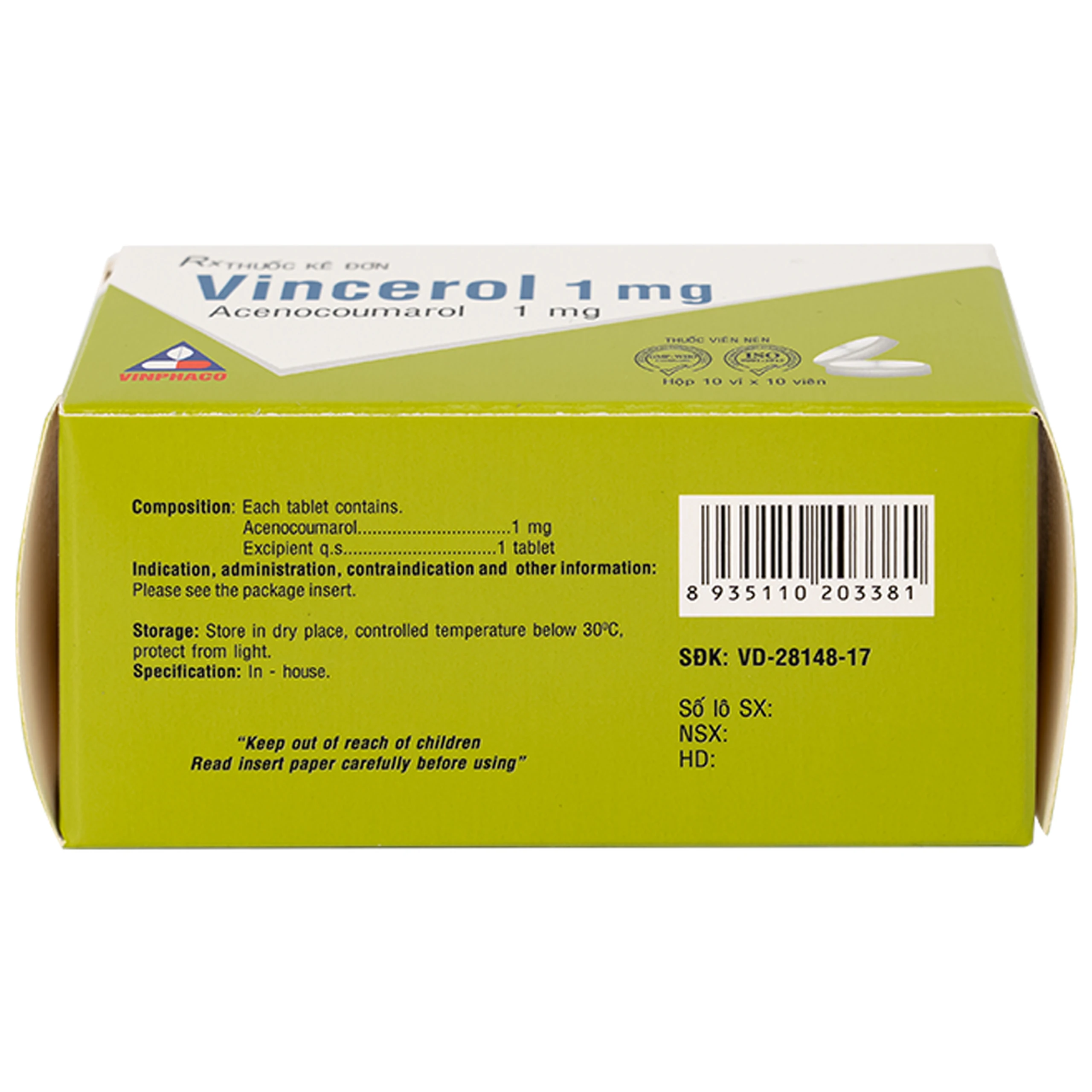 Thuốc Vincerol 1mg Vinphaco dùng trong bệnh tim gây tắc mạch, nhồi máu cơ tim (10 vỉ x 10 viên)