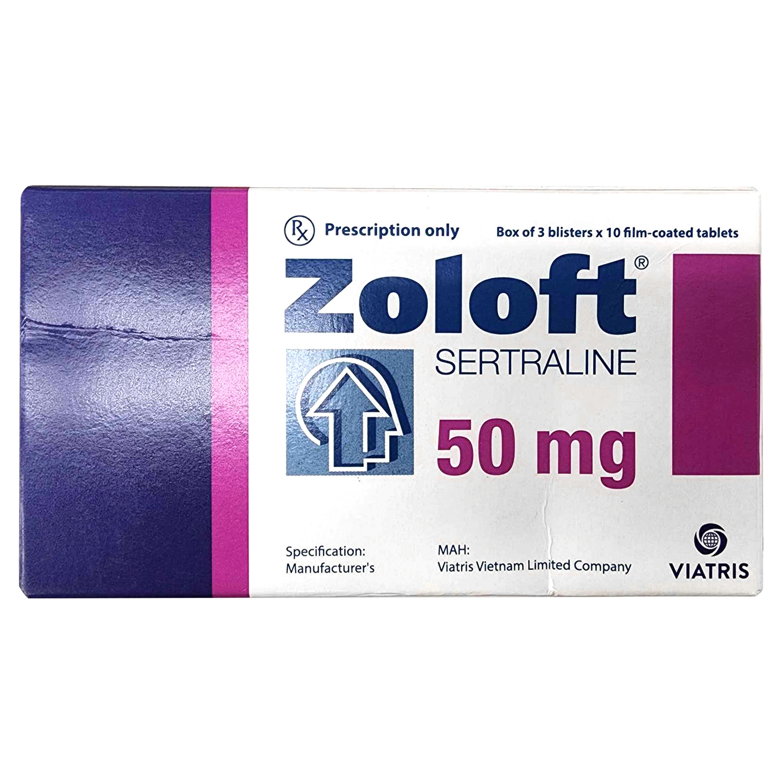 Thuốc Zoloft Sertraline 50mg Viatris điều trị triệu chứng bệnh trầm cảm (3 vỉ x 10 viên)