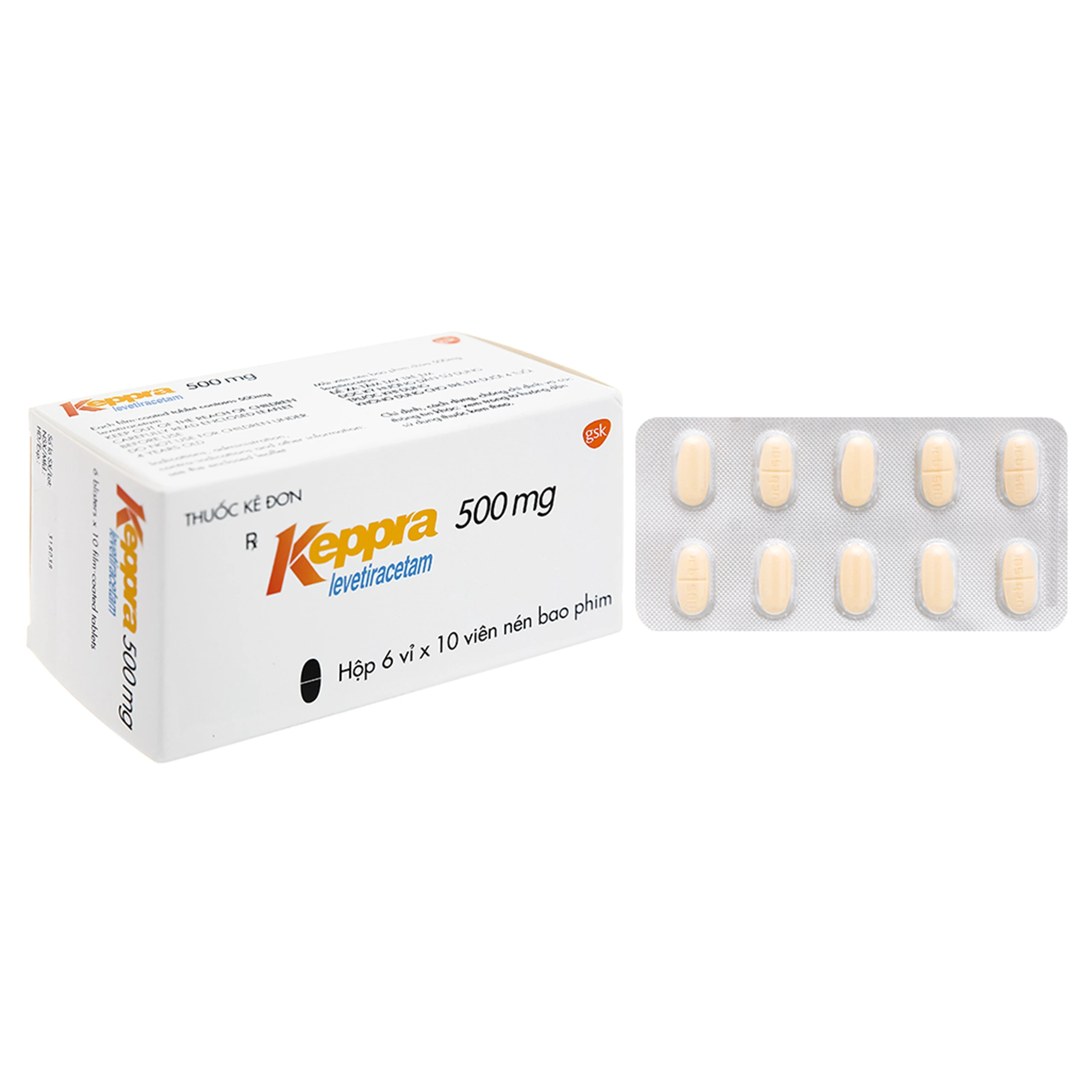 Viên nén Keppra 500mg GSK điều trị các cơn động kinh cục bộ (6 vỉ x 10 viên)