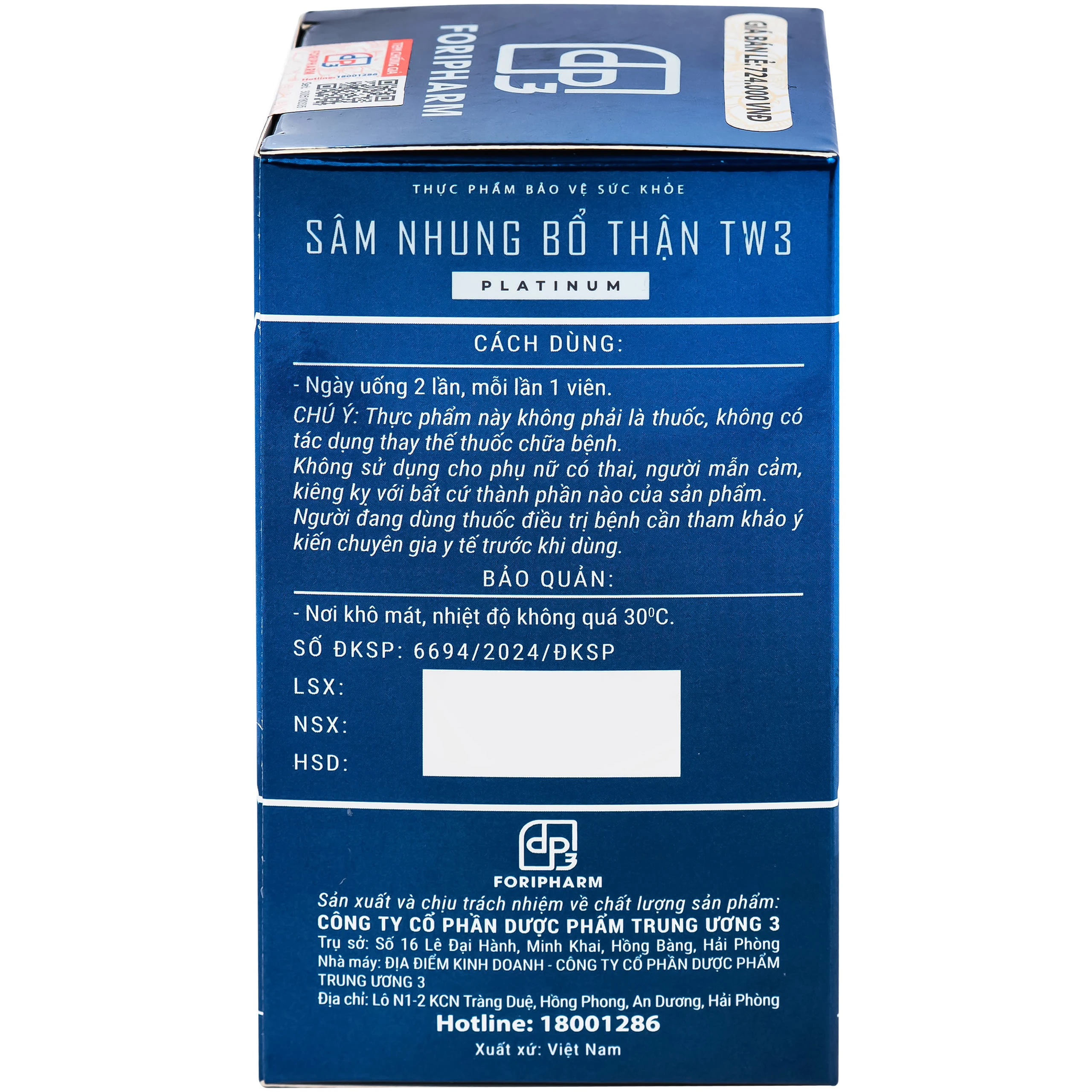 Viên uống hỗ trợ bổ thận tráng dương, cải thiện sinh lý nam Sâm Nhung Bổ Thận TW3 Platinum (60 viên)