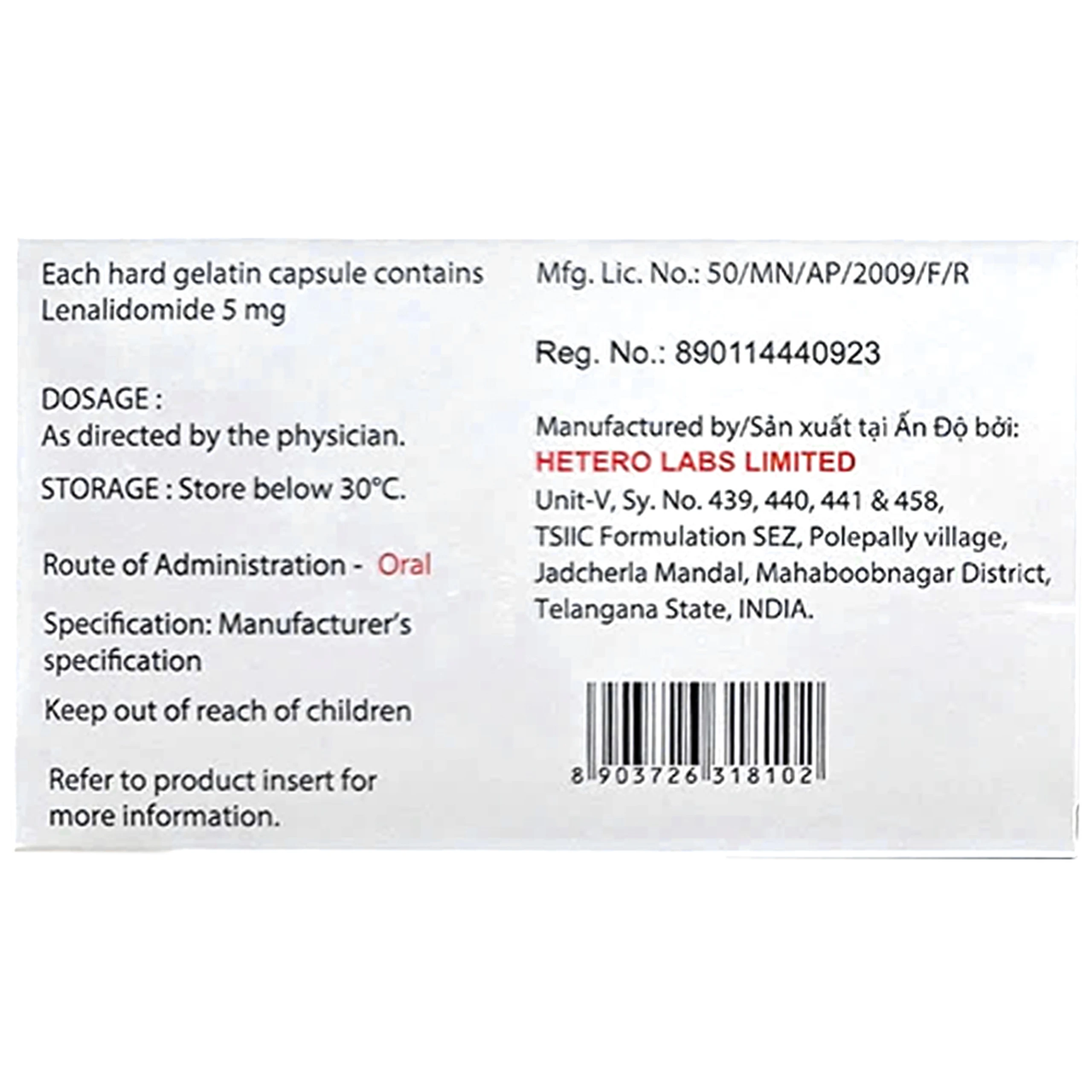 Thuốc Lenalidomide Capsules 5mg Hetero điều trị ung thư  (3 vỉ x 10 viên)