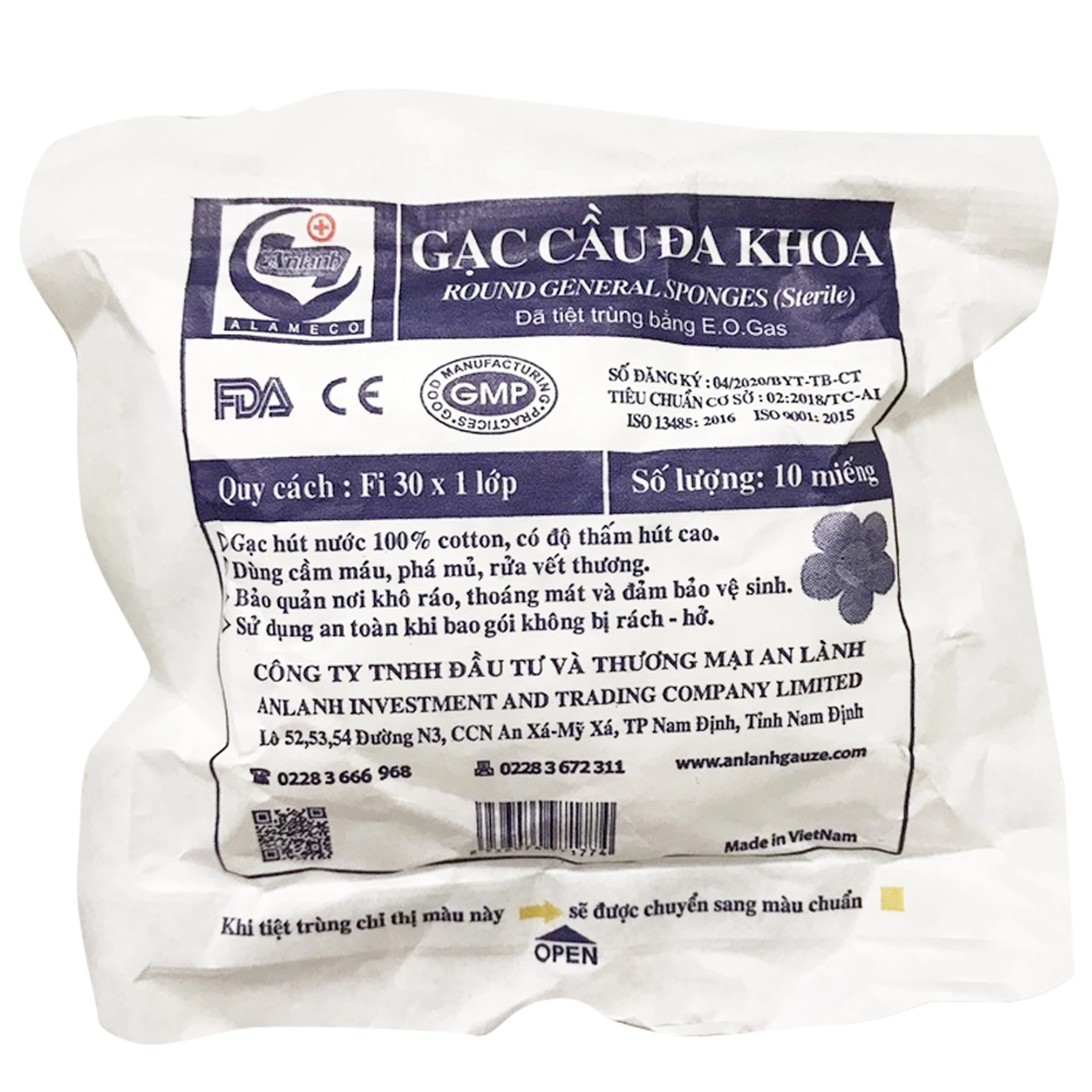 Gạc cầu đa khoa FI 30 x 1 lớp (10 miếng) dùng trong điều trị phẫu thuật, cầm máu, phá mủ, rửa vết thương