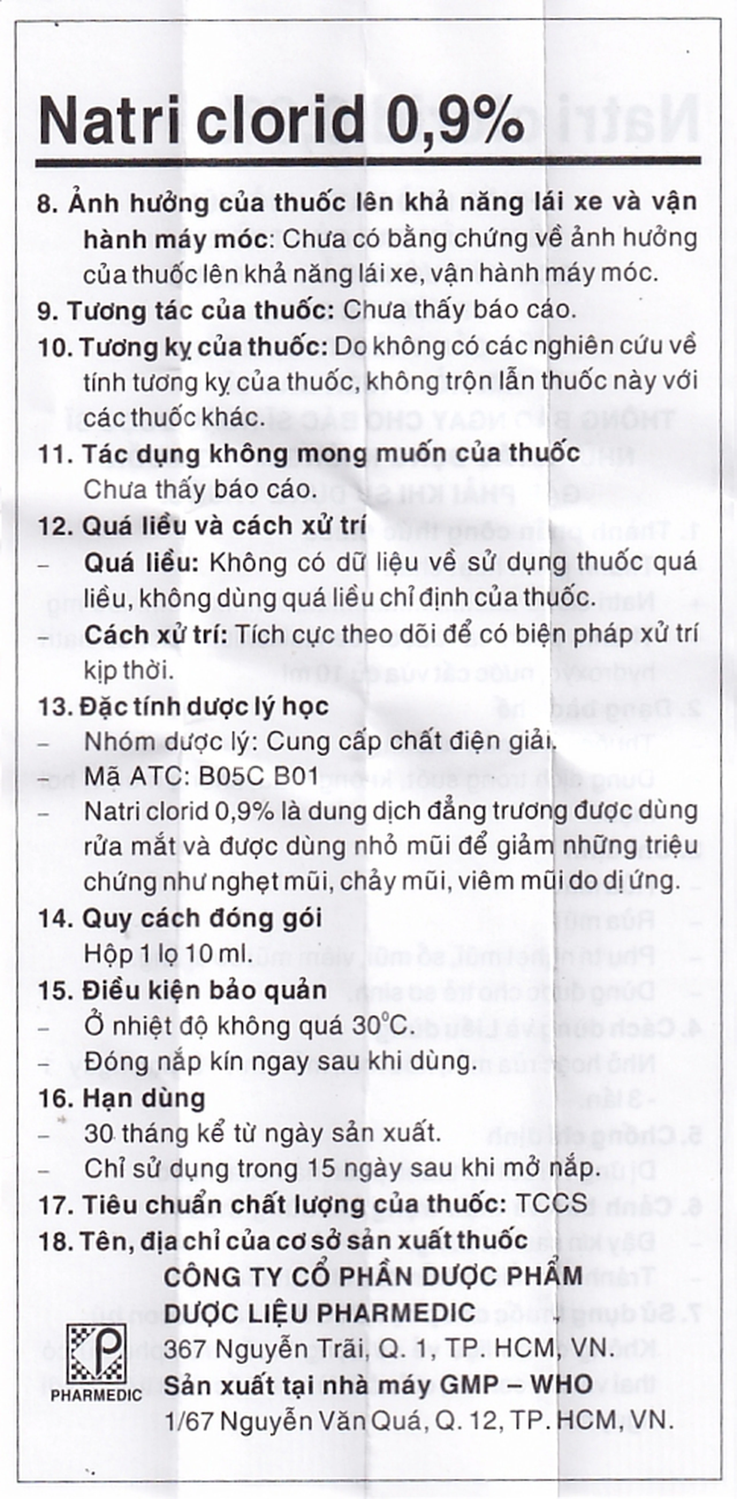 Thuốc nhỏ mắt, nhỏ mũi Natri Clorid 0,9% Pharmedic hỗ trợ rửa mắt, rửa mũi, phụ trị nghẹt mũi, sổ mũi (10ml)