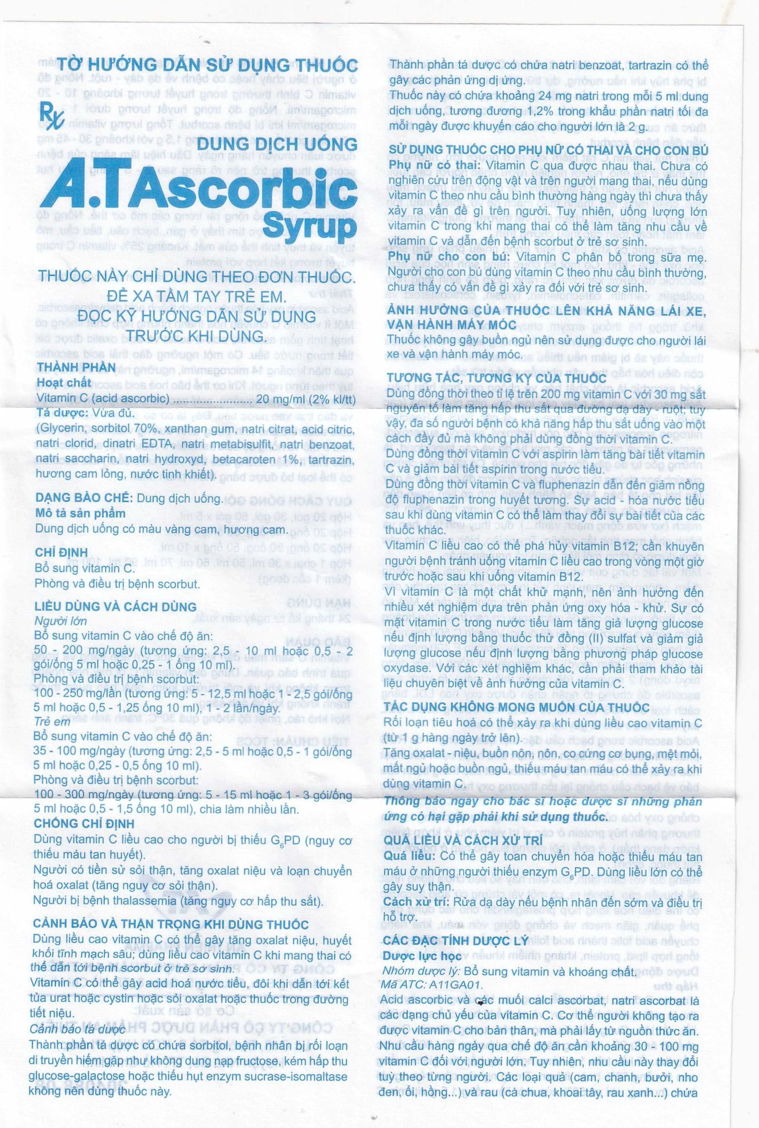 Siro A.T Ascorbic An Thiên Bổ sung vitamin C, Phòng và Điều trị bệnh scorbut (30 ống x 5ml)